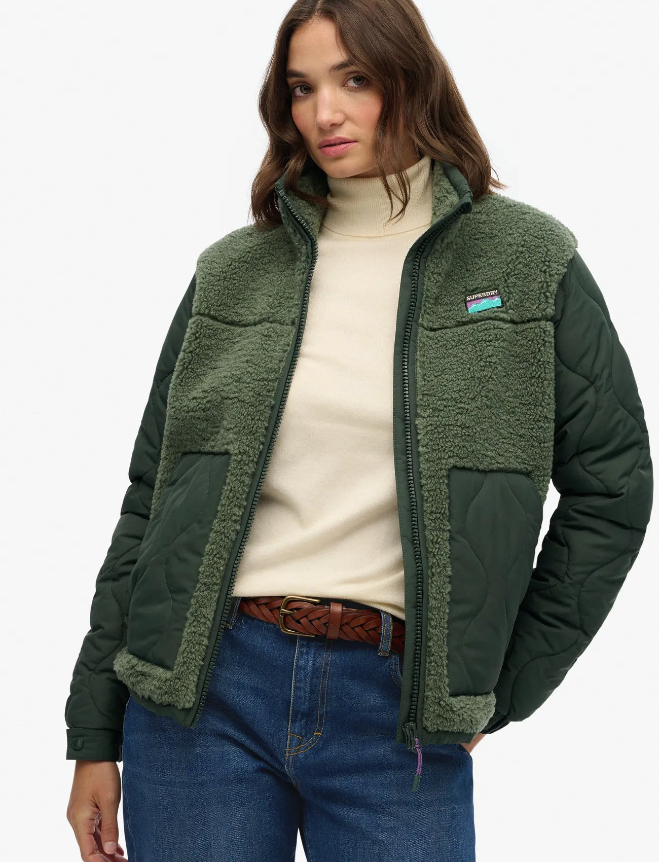 Superdry Fleece Hybrid Jacket, XS, Khaki green, Sweatshirts & Hættetrøjer > Fleeces & Midlayers, Dame