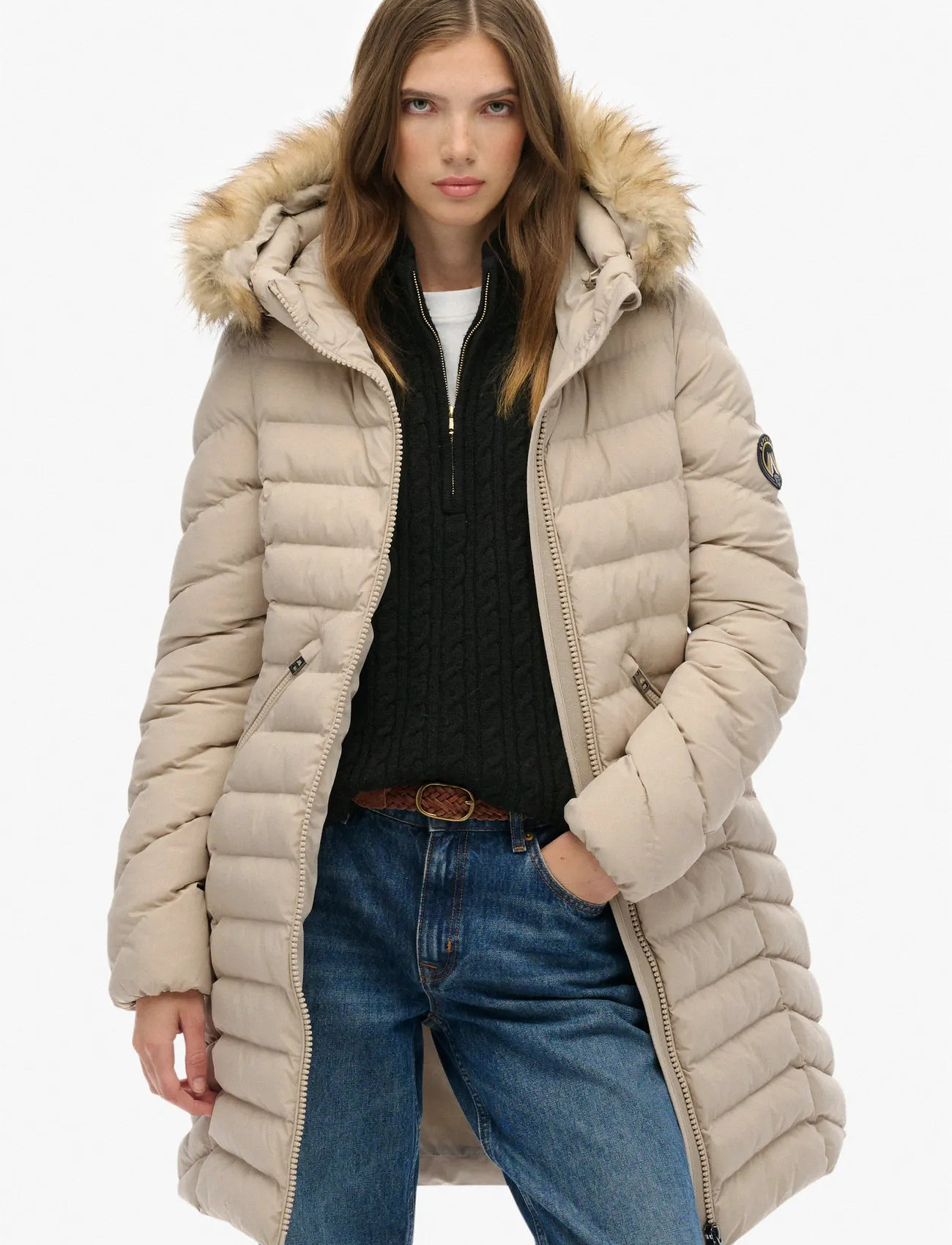 Superdry Fuji Faux Fur Hood Mid Length, M, Beige, Frakker > Vatterede Frakker, Dame