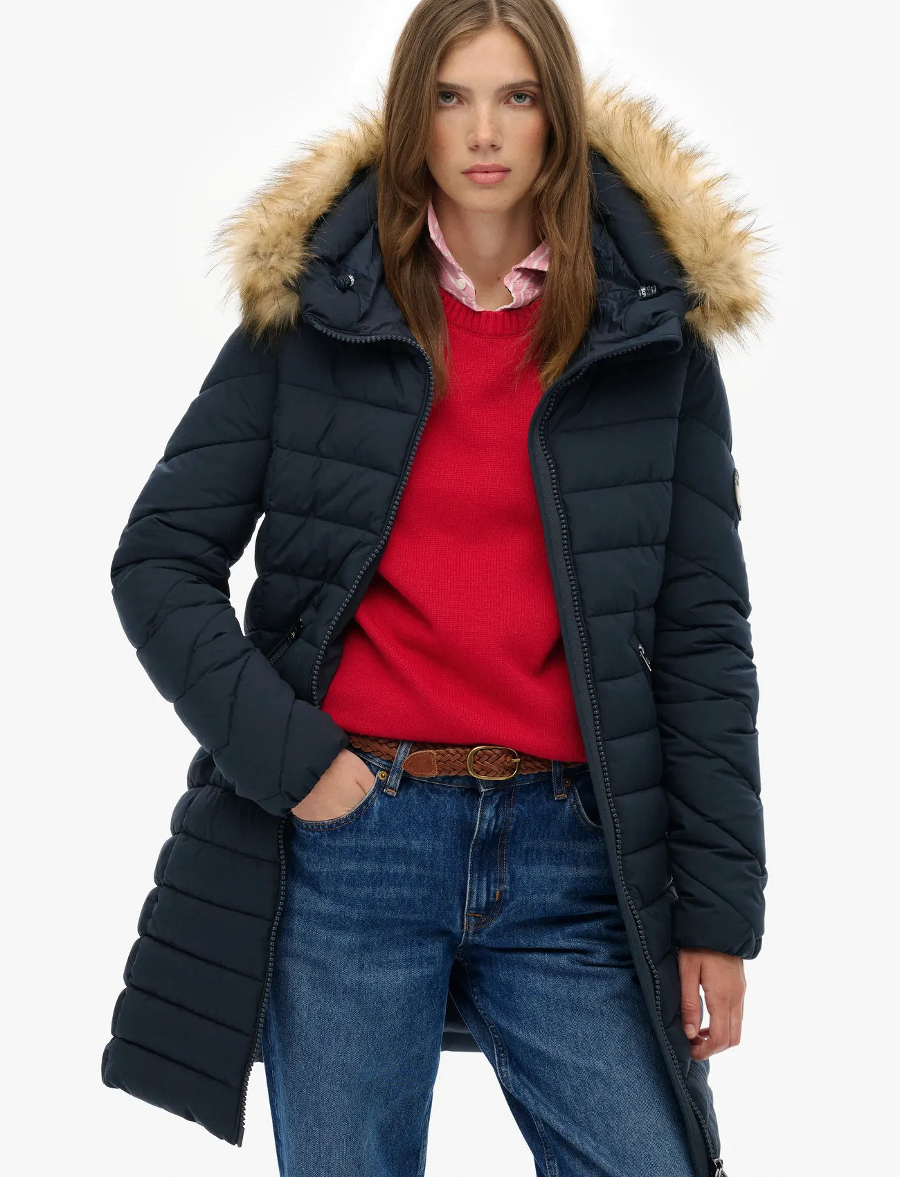 Superdry Fuji Faux Fur Hood Mid Length, L, Navy, Frakker > Vatterede Frakker, Dame