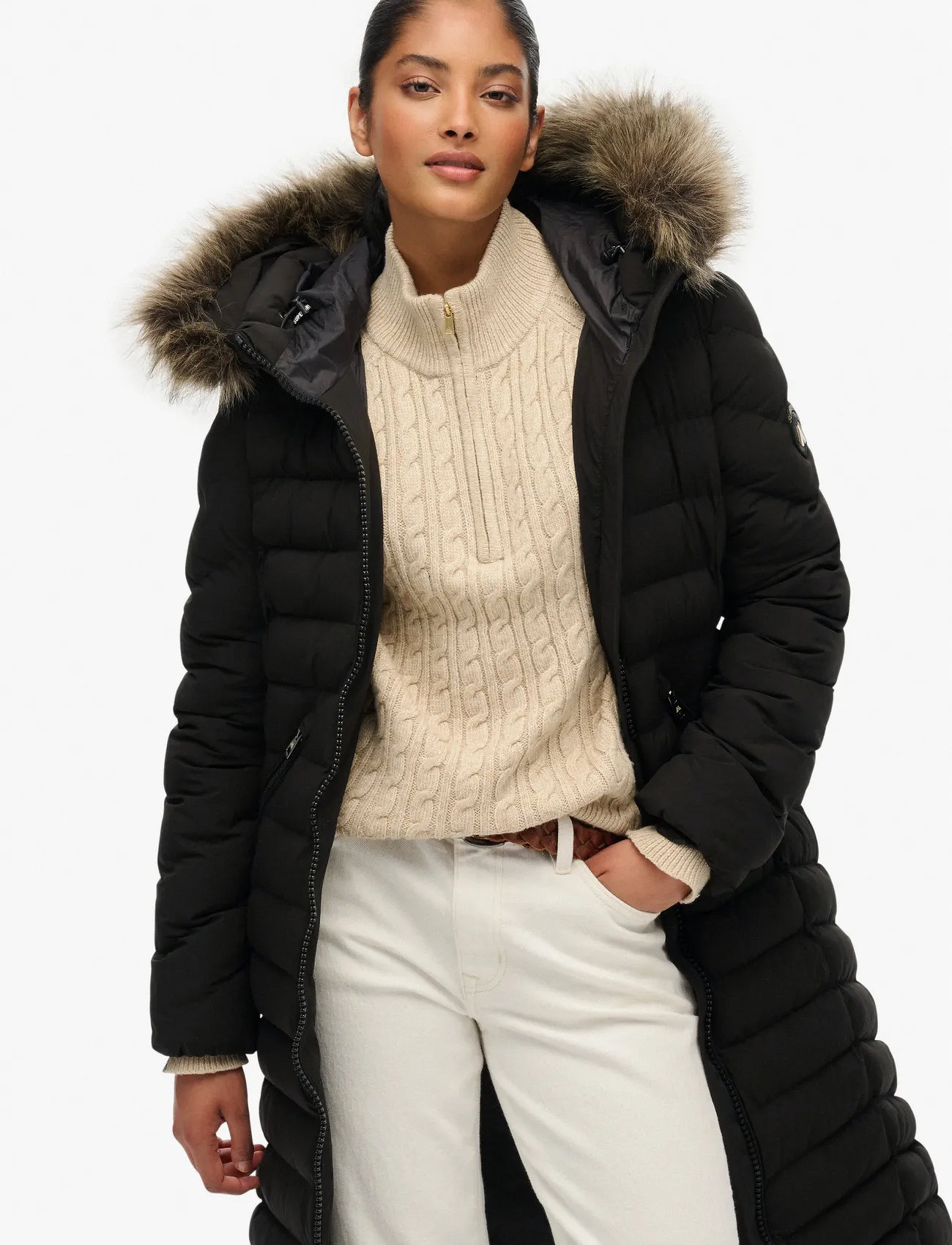 Superdry Fuji Faux Fur Hooded Longline, M, Black, Jakker > Vatteret Jakke, Dame