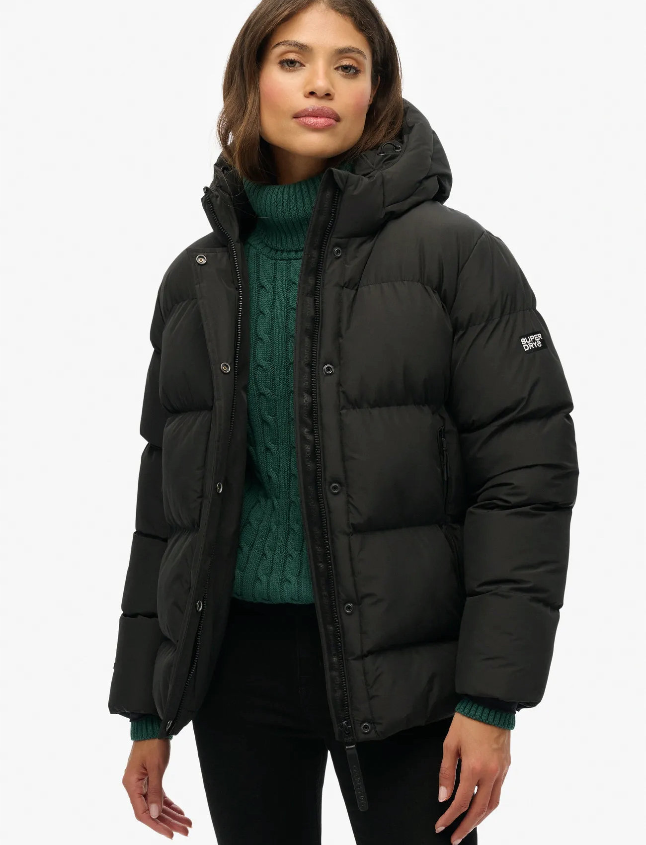 Superdry Hooded 5 Baffle Sports Puffer, L, Black, Jakker > Vatteret Jakke, Dame