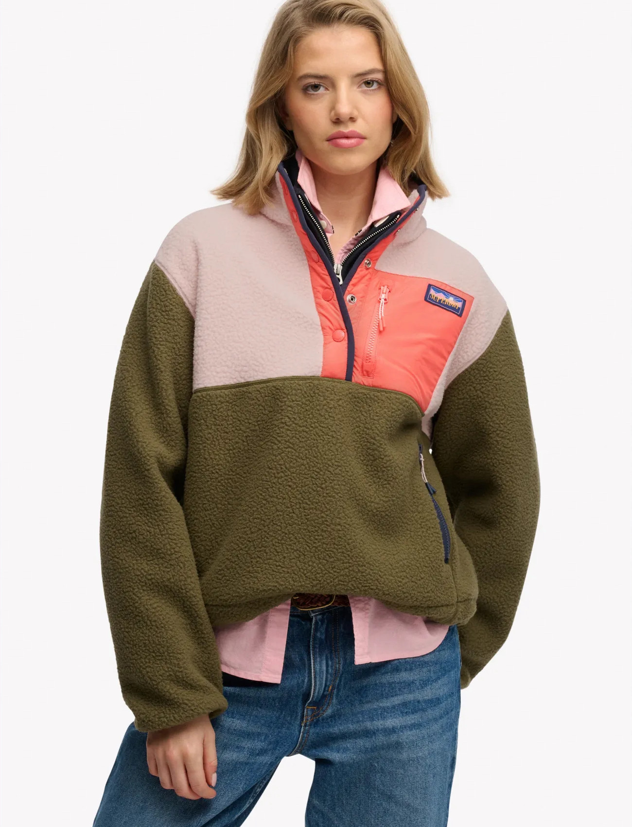 Superdry Colour Block Fleece Pull Over, 8, Khaki green, Sweatshirts & Hættetrøjer > Fleeces & Midlayers, Dame