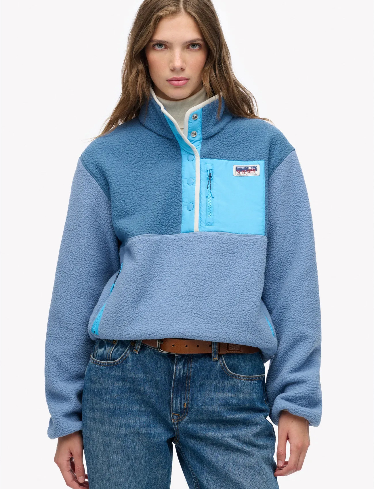 Superdry Colour Block Fleece Pull Over, 12, Blue, Sweatshirts & Hættetrøjer > Fleeces & Midlayers, Dame