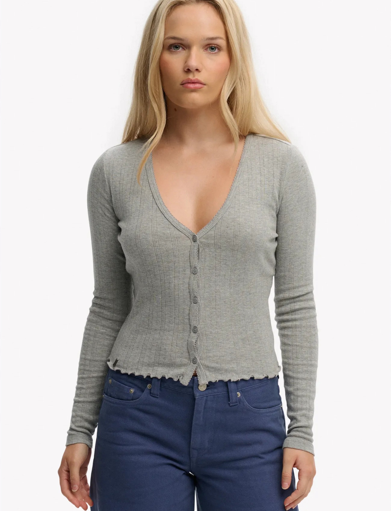 Superdry Ath Ess Pointelle Cardigan, 12, Grey, Strik > Cardigans, Dame