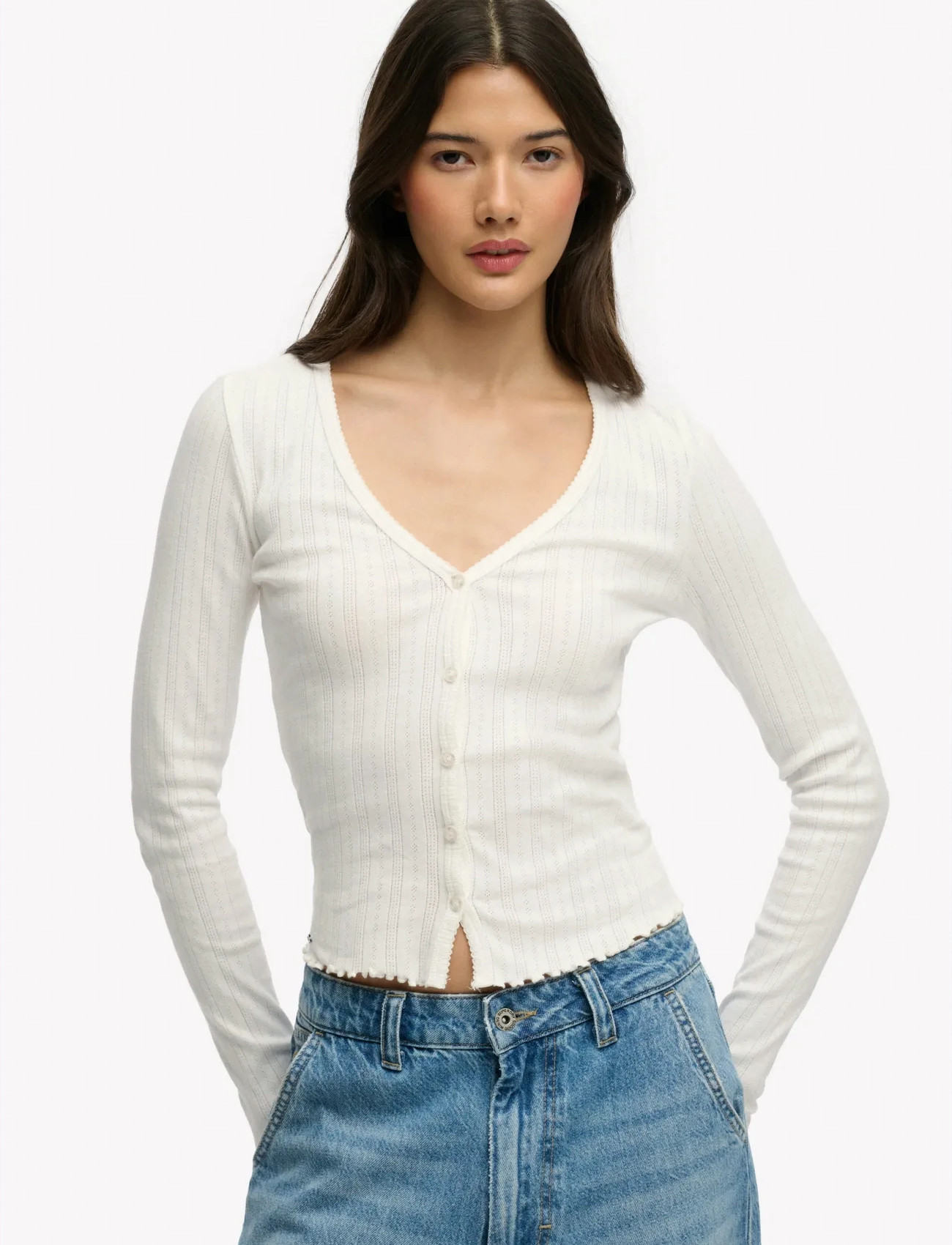 Superdry Ath Ess Pointelle Cardigan, 12, Cream, Strik > Cardigans, Dame