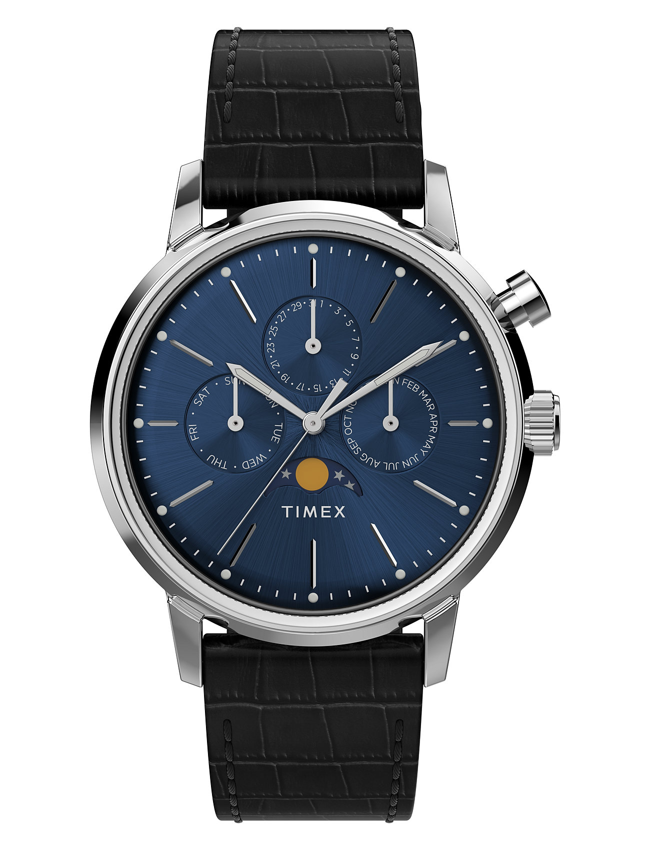 Marlin Quartz Moon Phase 40Mm Sst Case Blue Dial Black Leather Strap Accessories Watches Analog Watches Black Timex