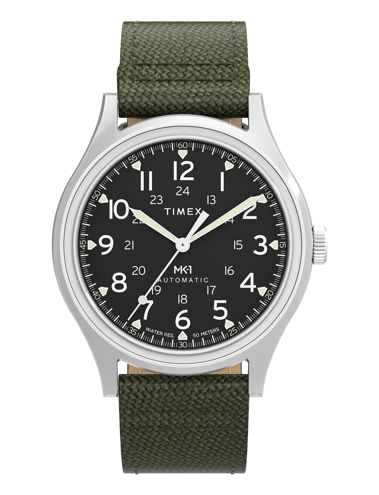 Timex Mk1 Automatic Sst Case Black Dial Green Strap Silver