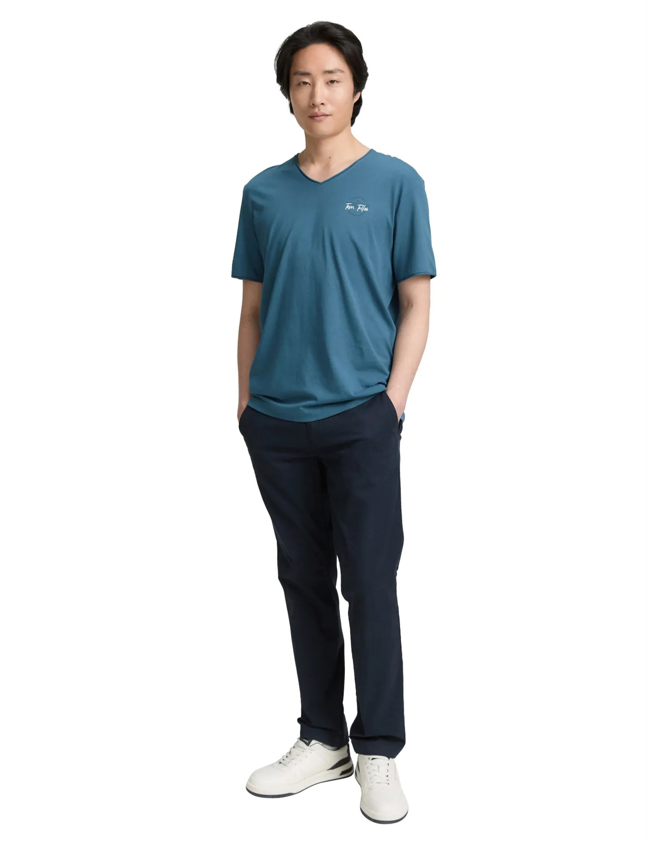 Tom Tailor Printed V-Neck T-Shirt, M, Blue, T-Shirts > Kortærmede, Herre