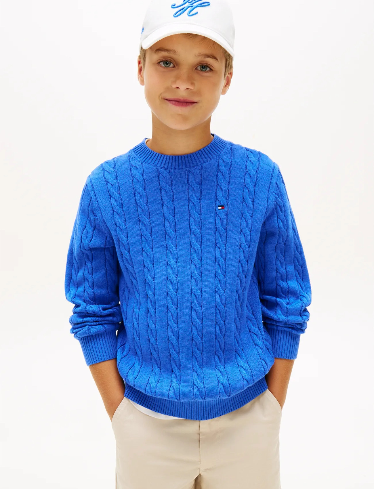 Tommy Hilfiger Cotton Cable Sweater, 164, Blue, Strik > Pullovere, Børn