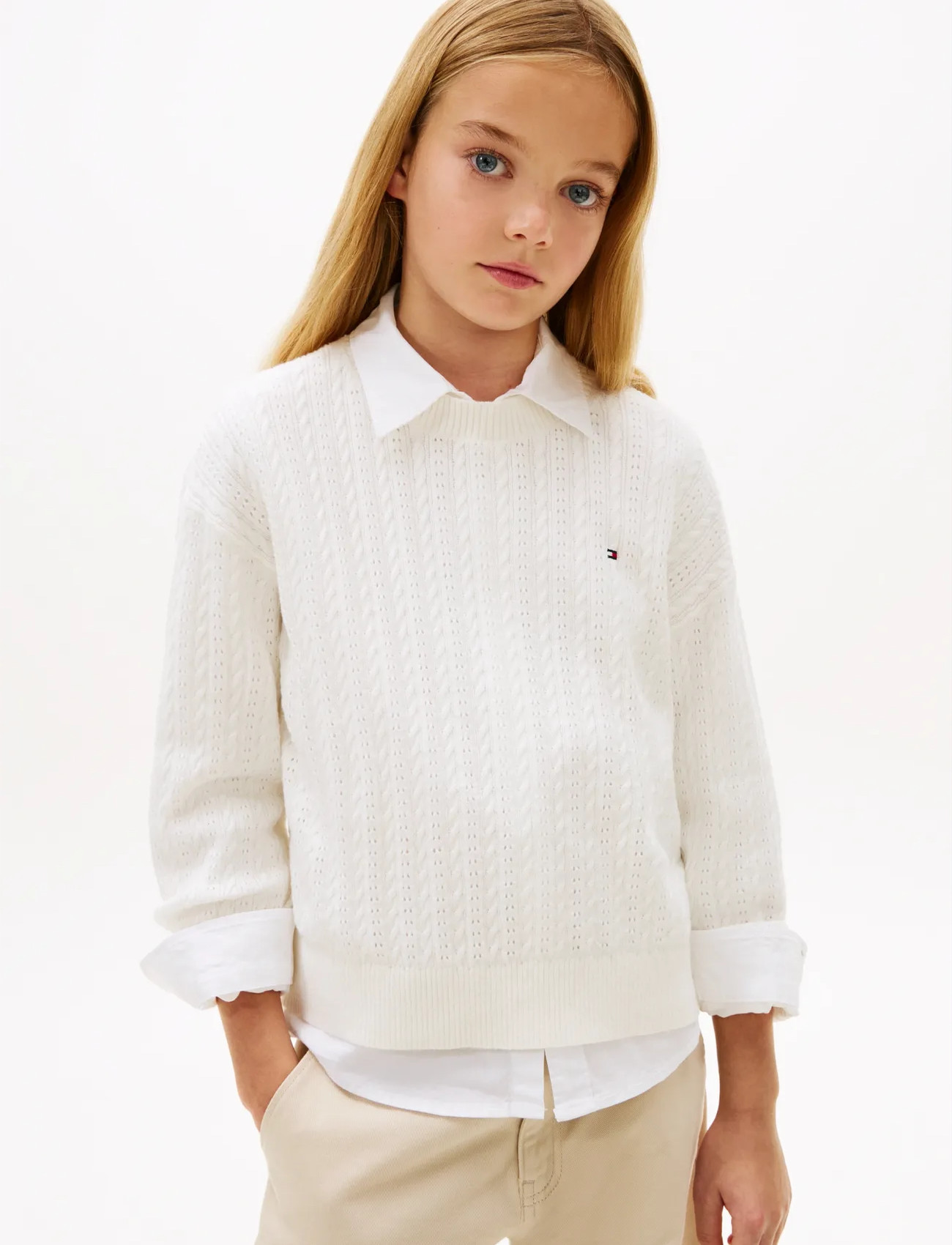 Tommy Hilfiger Pointelle Cable Sweater, 164, White, Strik > Trøjer, Dame