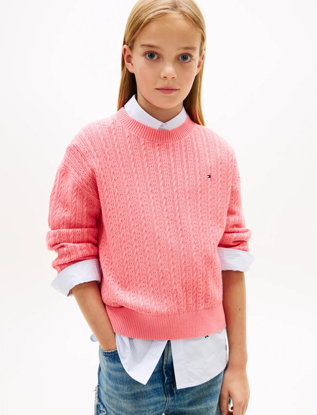 Tommy Hilfiger Pointelle Cable Sweater, 164, Pink, Strik > Trøjer, Dame