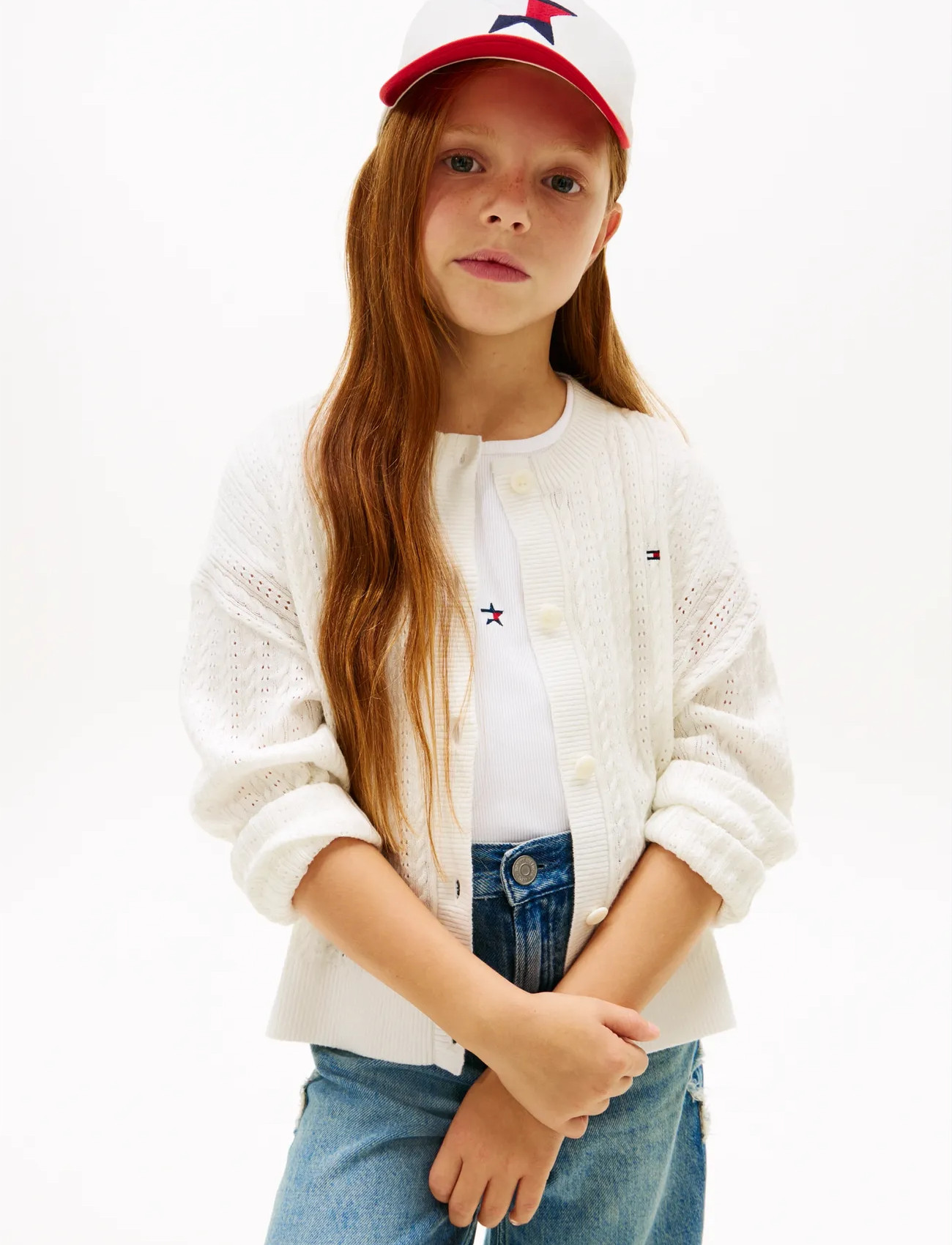 Tommy Hilfiger Pointelle Cable Cardigan, 164, White, Strik > Cardigans, Børn