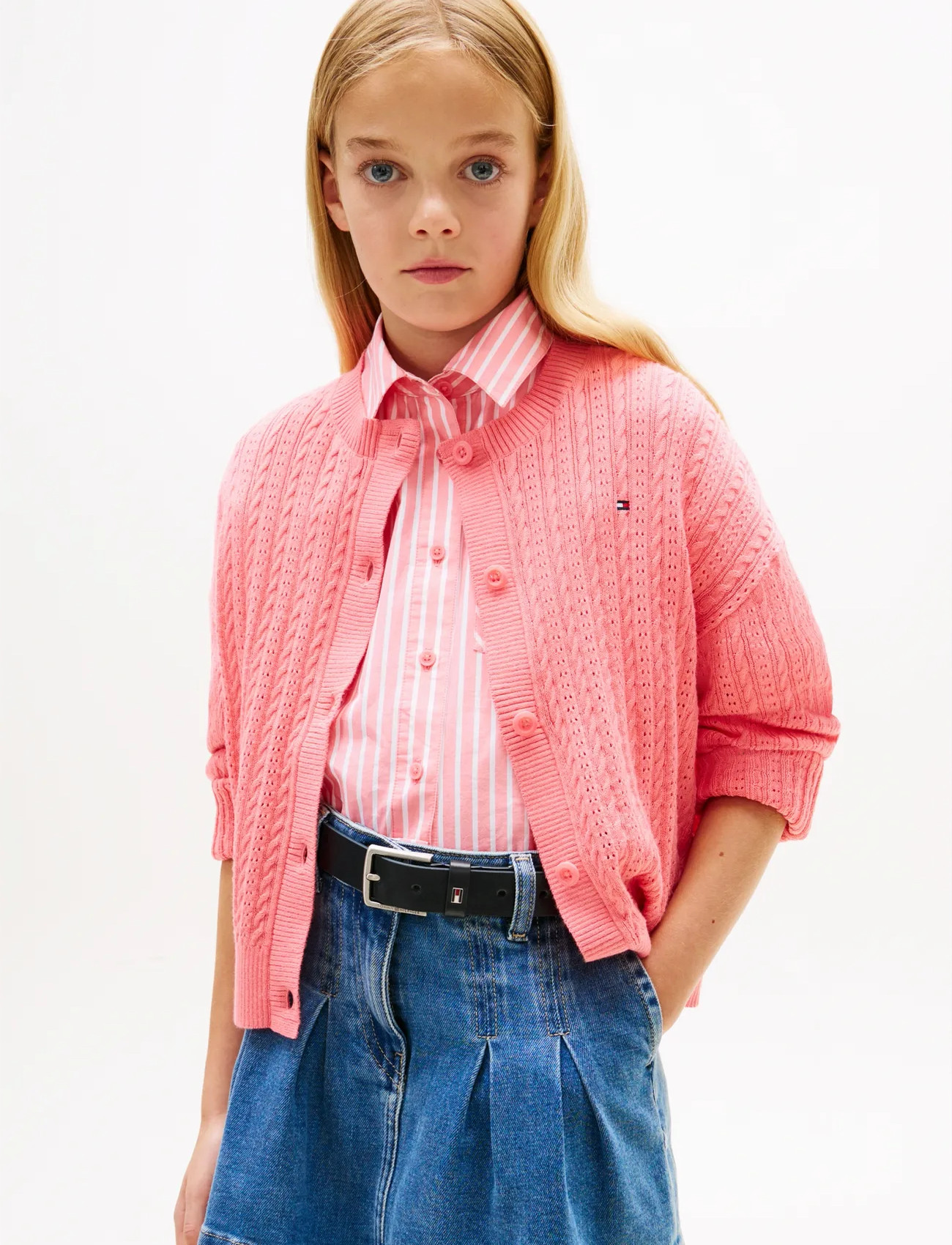 Tommy Hilfiger Pointelle Cable Cardigan, 164, Pink, Strik > Cardigans, Børn
