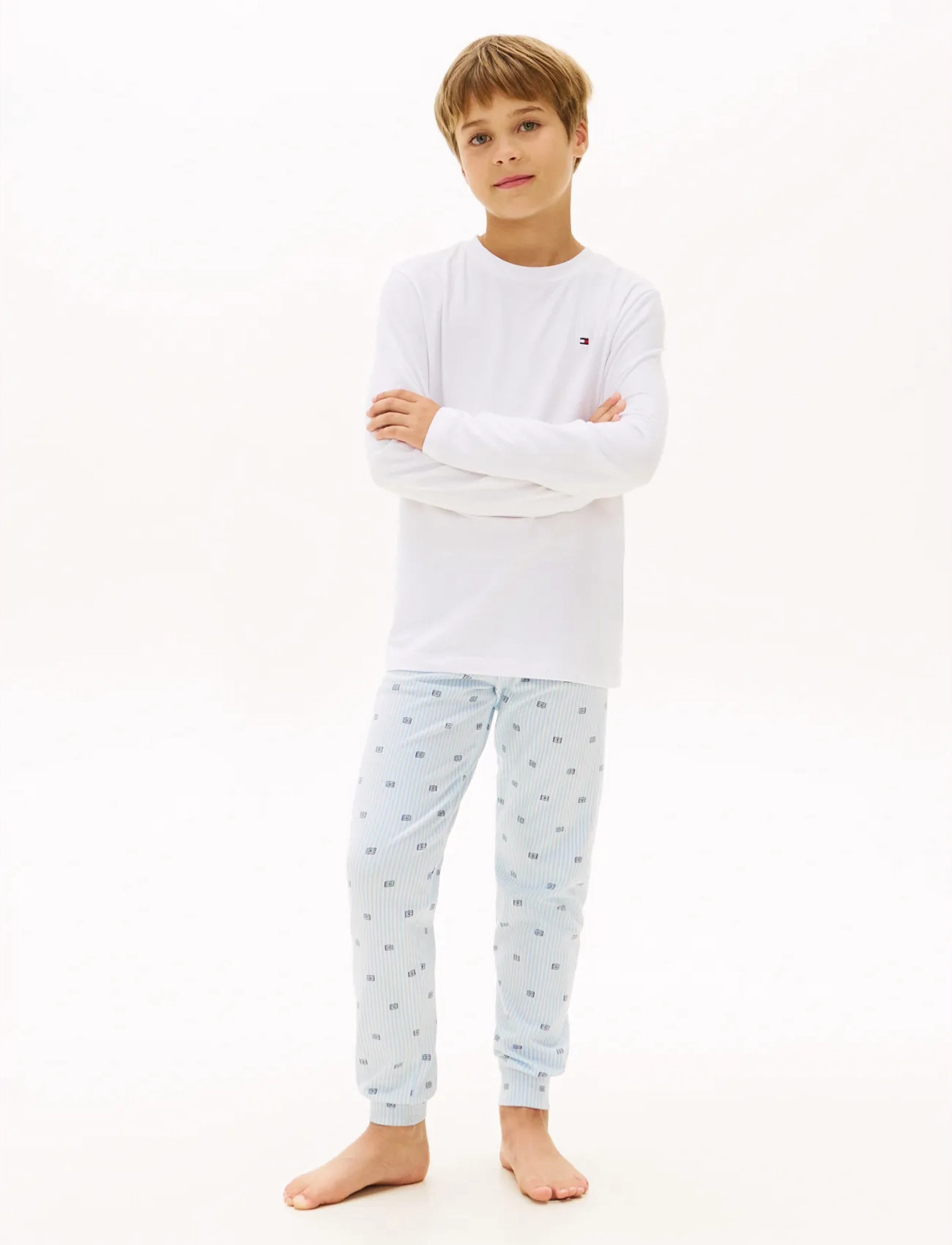 Tommy Hilfiger Ls Cuffed Pj Set, 128-140, White, Pyjamas > Pyjamas-Sæt, Børn