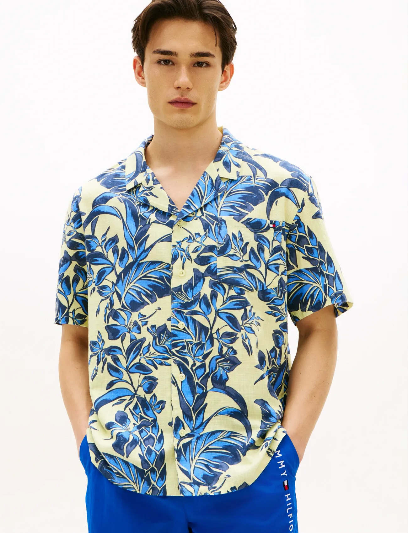 Tommy Hilfiger Woven Bowling Shirt Print, S, Blue, Skjorter > Kortærmede Shirts, Herre