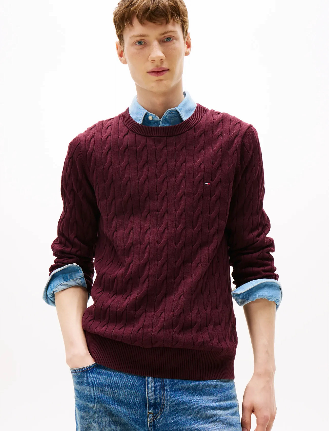 Tommy Hilfiger Classic Cotton Cable Crew Neck, 3XL, Red, Knitwear - Round Necks, Herre