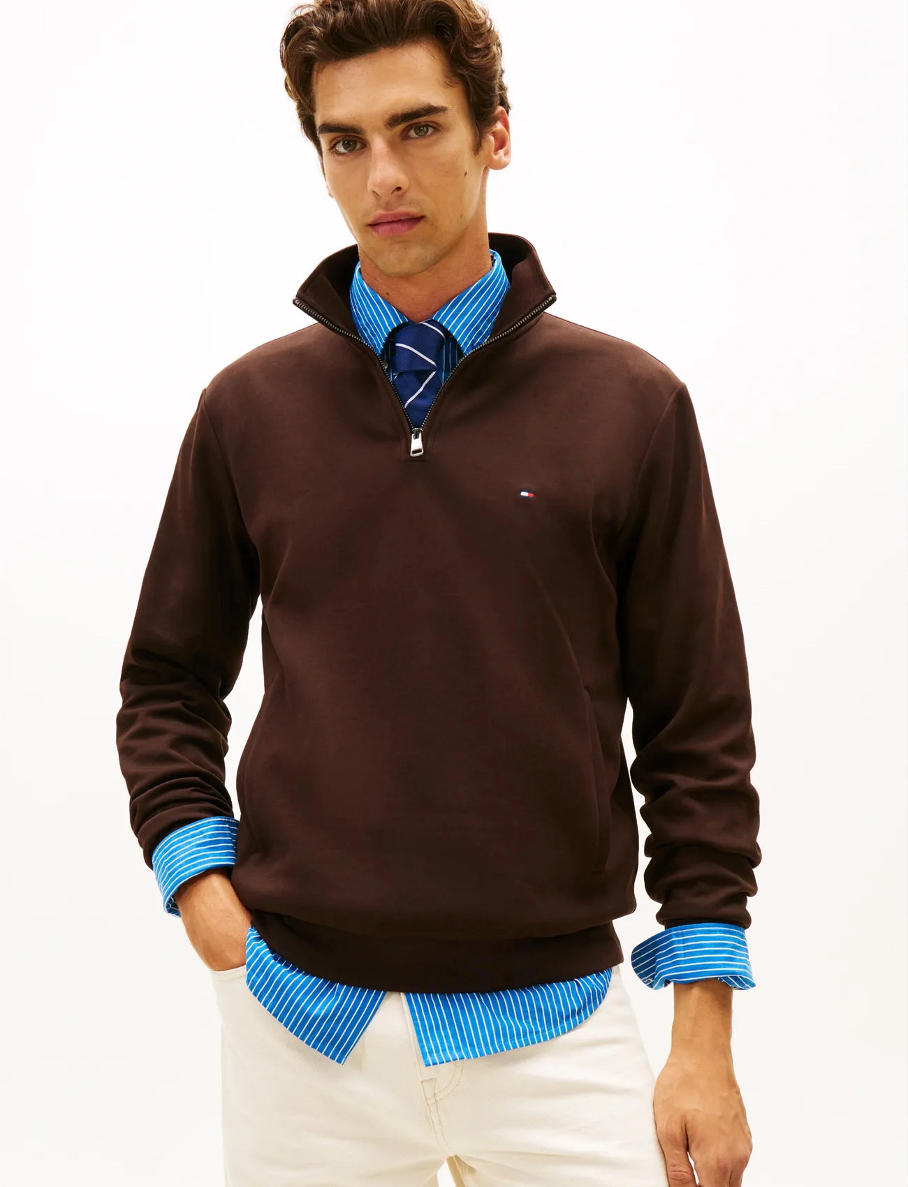 Tommy Hilfiger Essential Intechno 1/4 Zip, L, Brown, Strik > Trøjer Med Halv Lynlås, Herre