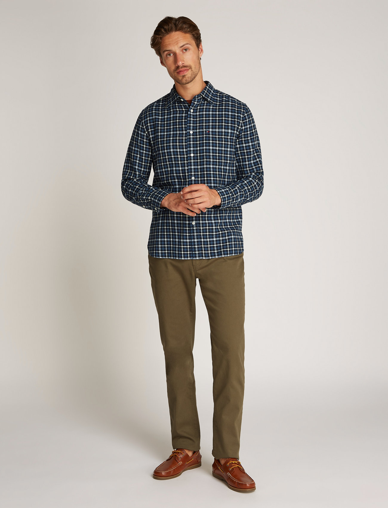 Tommy Hilfiger Brushed Linen Gingham Rf Shirt, S, Navy, Skjorter > Afslappet, Herre
