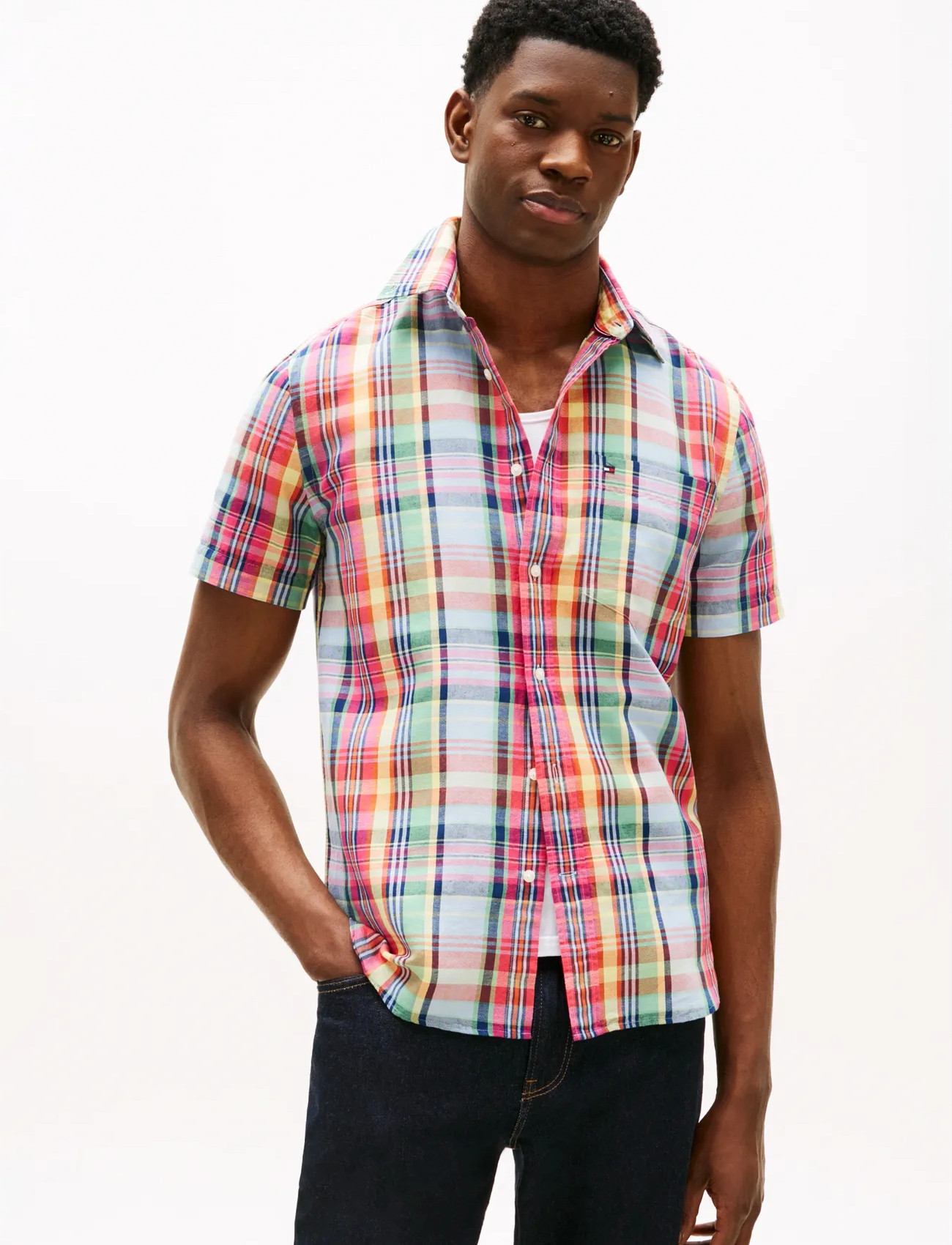 Tommy Hilfiger Linen Blend Madras Ss Shirt, L, Multi/patterned, Skjorter > Kortærmede Shirts, Herre