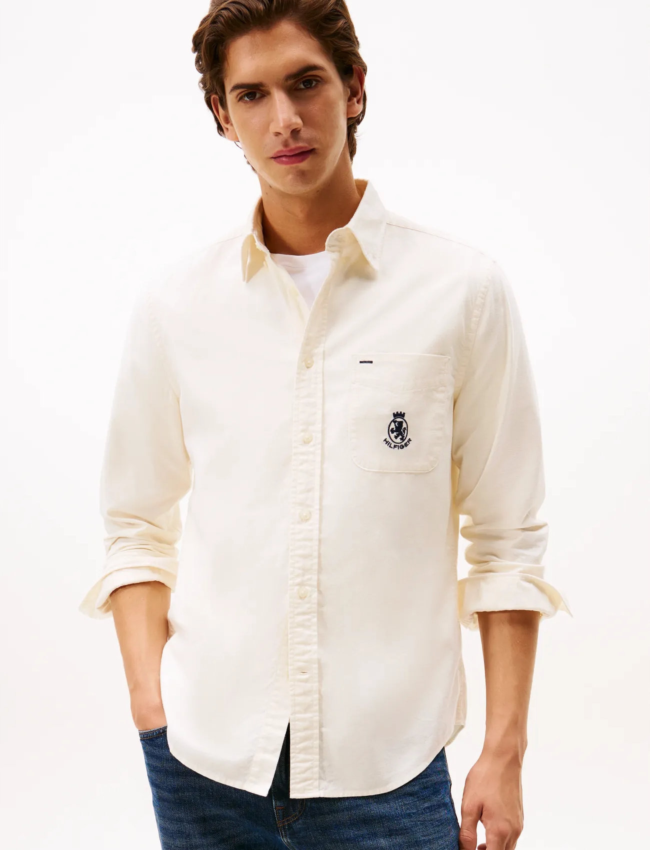 Tommy Hilfiger Brushed Oxf Crest Pocket Shirt, L, Cream, Shirts - Oxford Herre