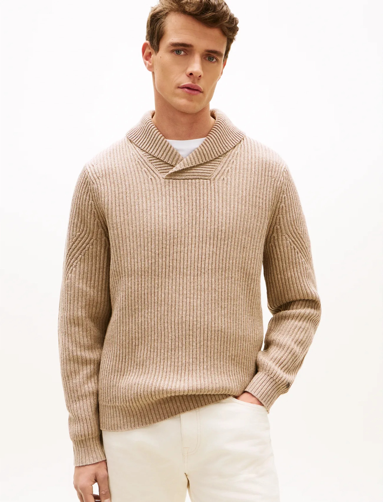 Tommy Hilfiger Dc Shawl Collar Sweater, S, Beige, Strik > Langærmede Strikkede Poloer, Herre