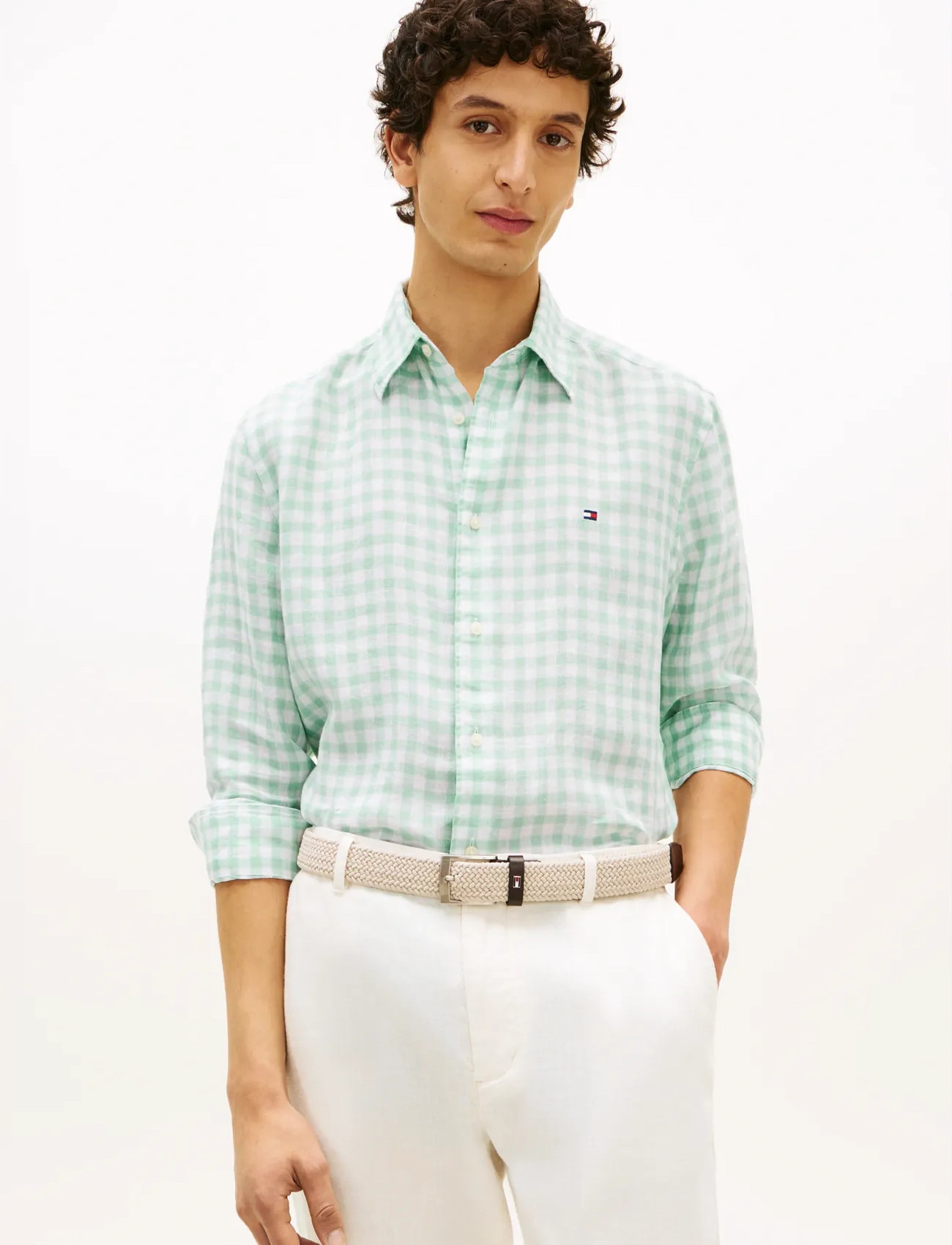 Tommy Hilfiger Linen Essential Gingham Rf Shirt, L, Green, Skjorter > Afslappet Shirts, Herre