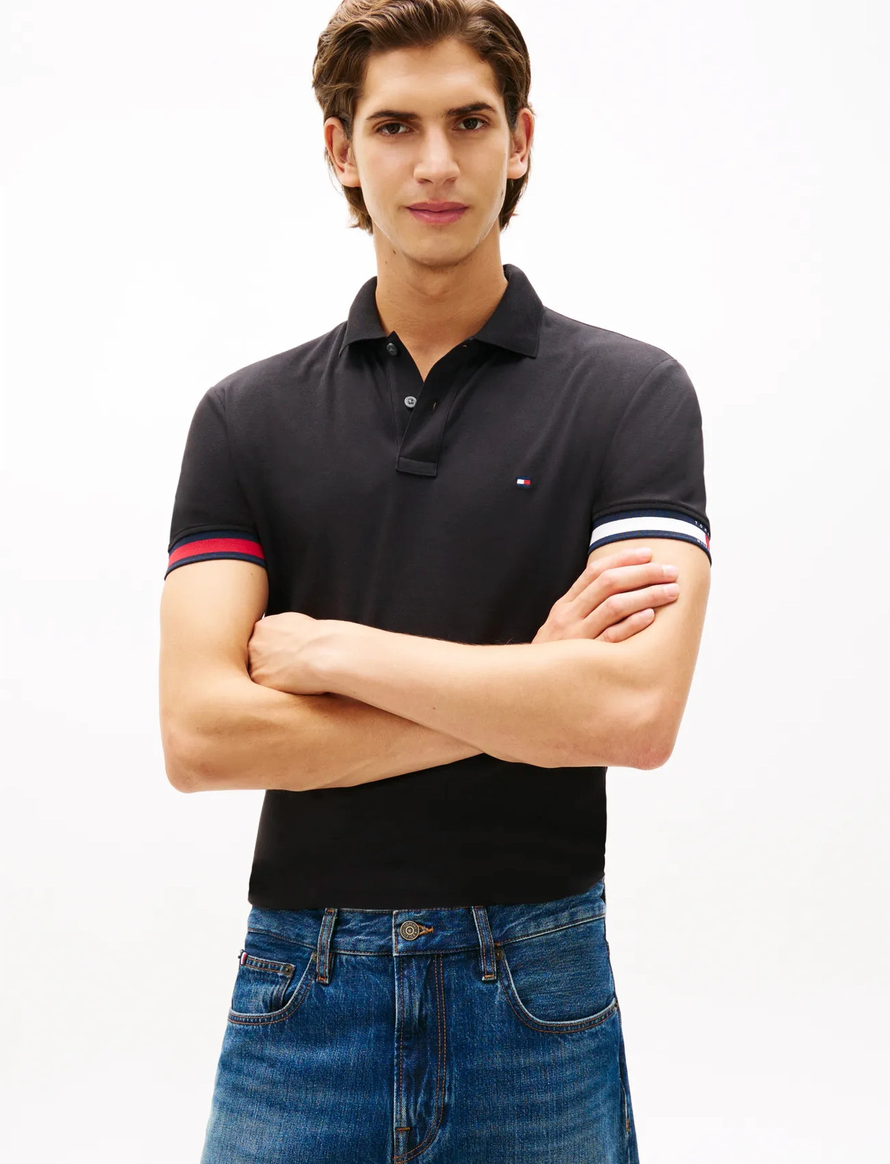 Tommy Hilfiger Rwb Cuff Liquid Cotton Slim Polo, M, Black, Poloer > Kortærmede, Herre