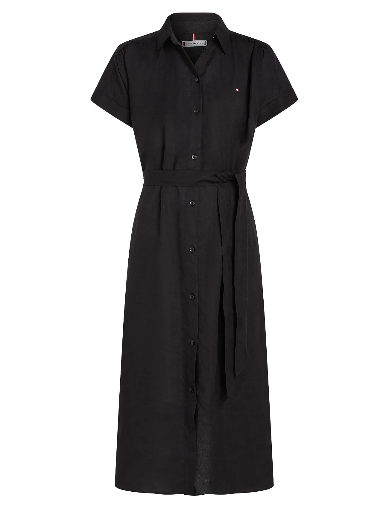 Ess Linen S/S Midi Shirt Dress Knelang Kjole Black Tommy Hilfiger