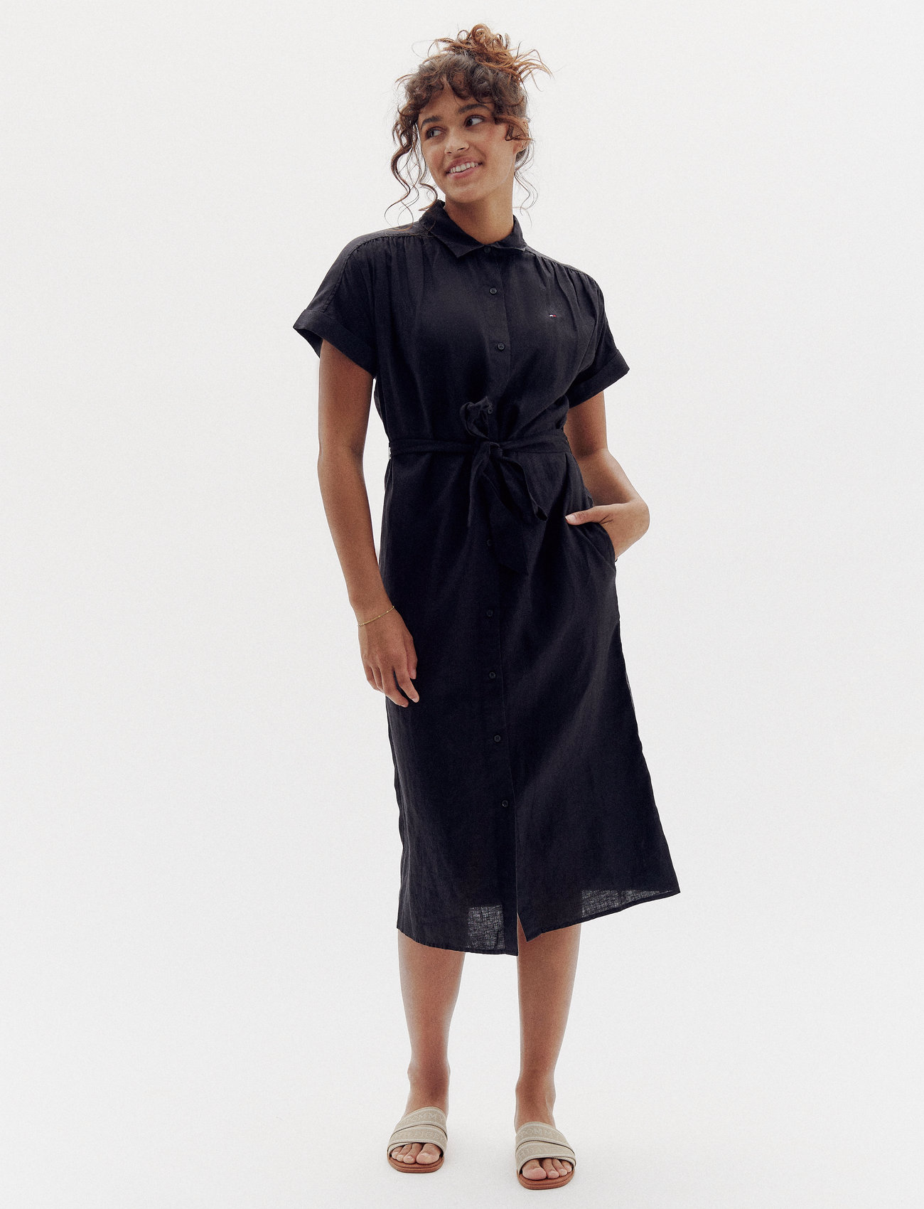 Tommy Hilfiger Ess Linen S/S Midi Shirt Dress, 34, Black, Kjoler > Knælange Og Midi, Dame