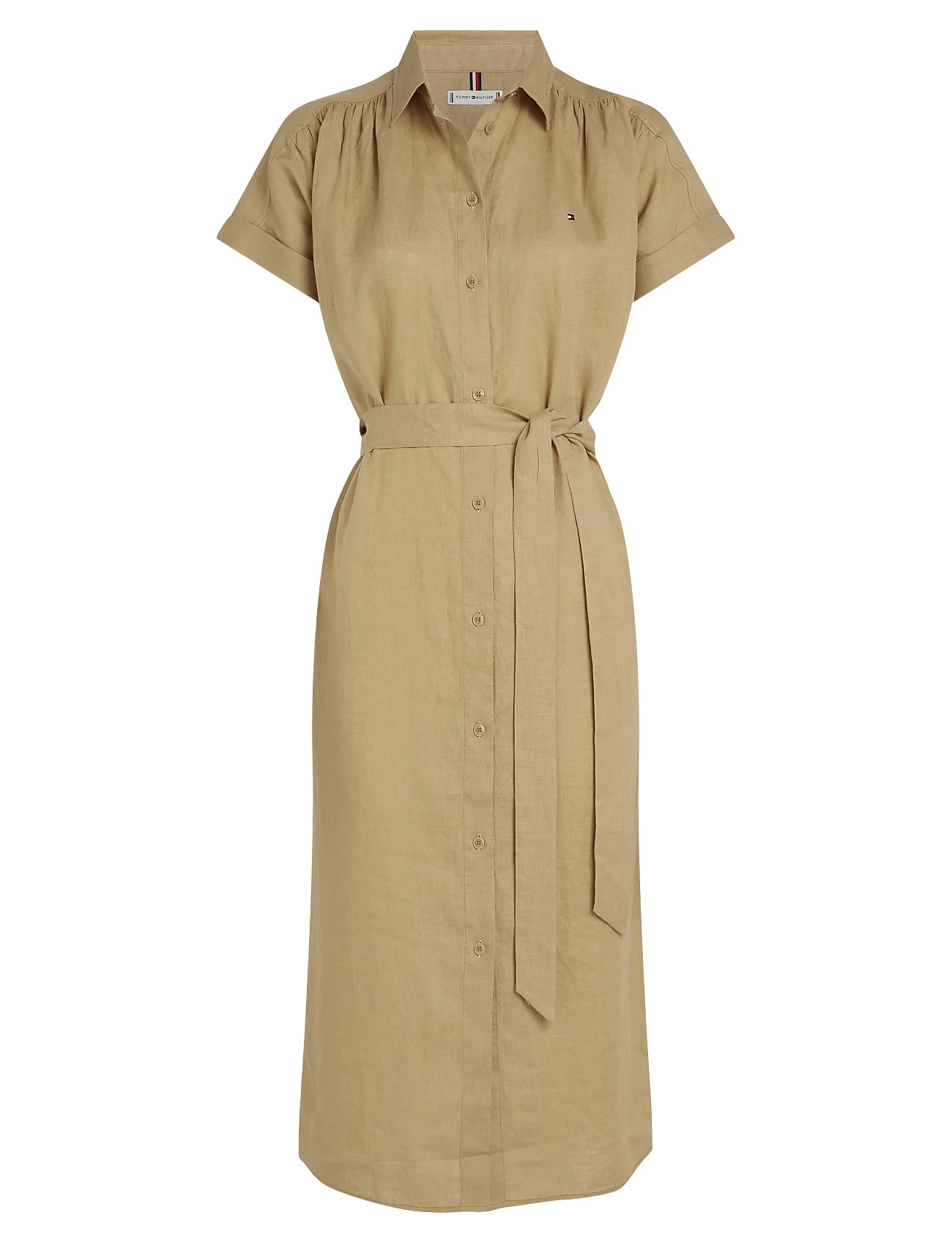 Ess Linen S/S Midi Shirt Dress Knelang Kjole Beige Tommy Hilfiger