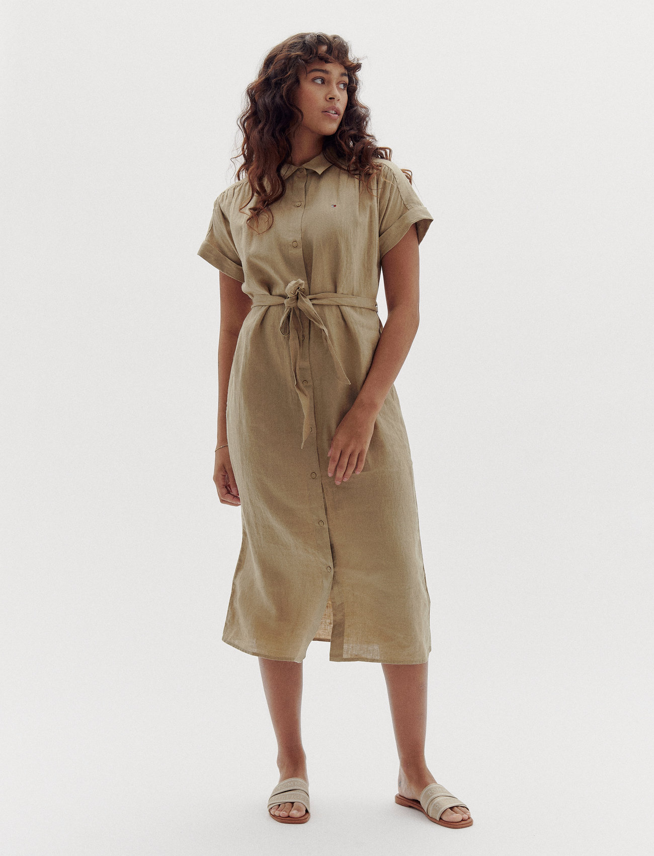 Tommy Hilfiger Ess Linen S/S Midi Shirt Dress, 32, Beige, Kjoler > Knælange Og Midi, Dame