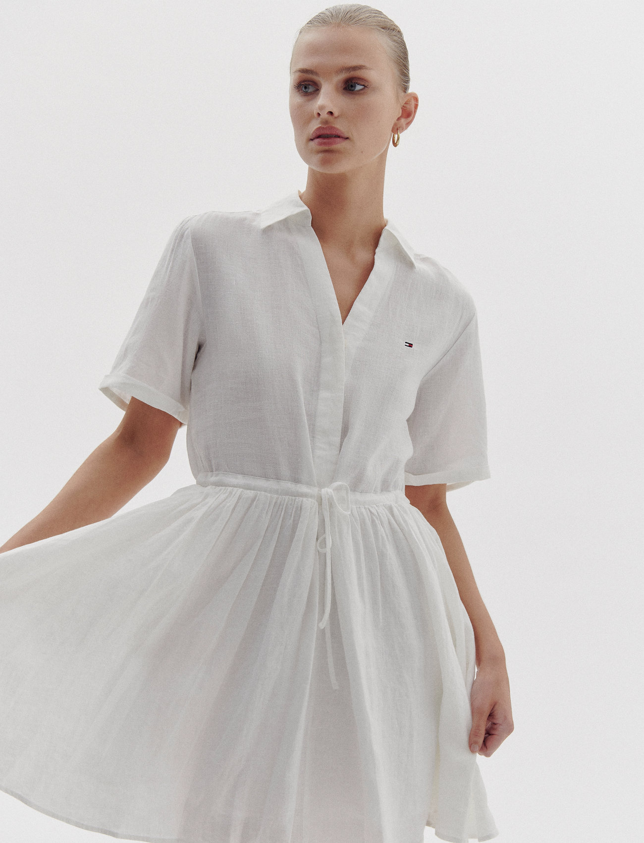 Tommy Hilfiger Ess Linen S/S Short Dress, 46, White, Kjoler > Kort Kjole, Dame