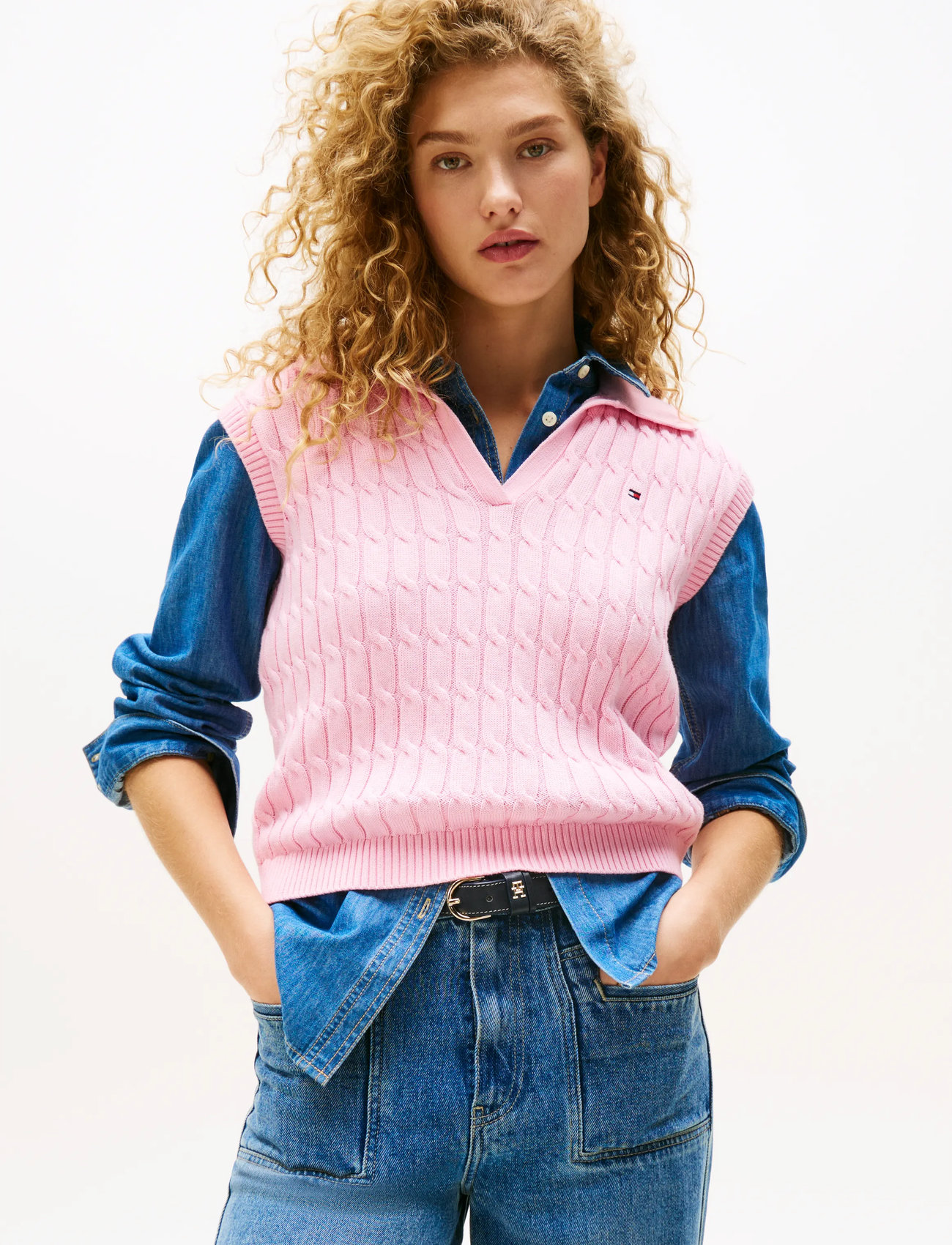 Tommy Hilfiger Co Cable Mid Gg Open Polo Vest, M, Pink, T-Shirts Og Toppe > Poloer, Dame