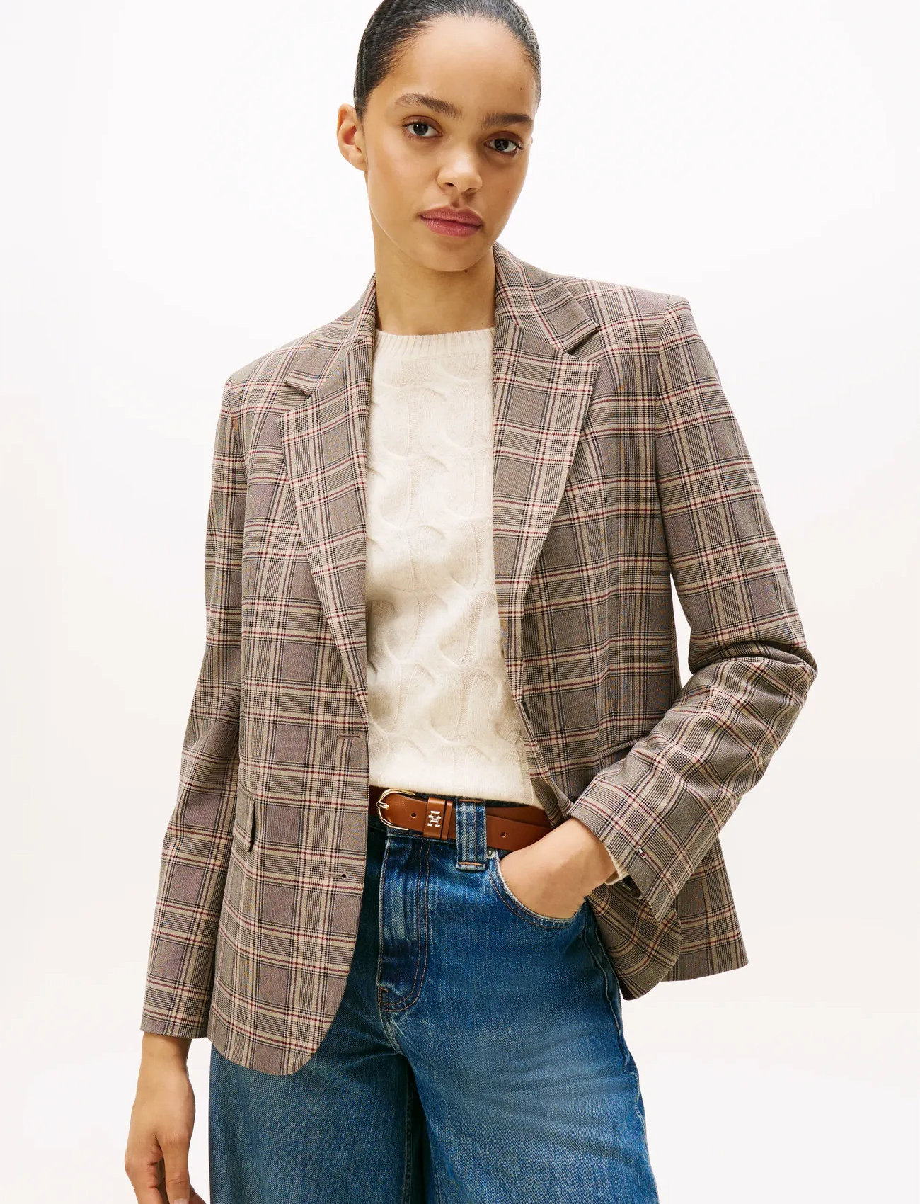 Tommy Hilfiger Core Check Reg Straight Blazer, 42, Beige, Blazere > Enkeltradede Blazere, Dame