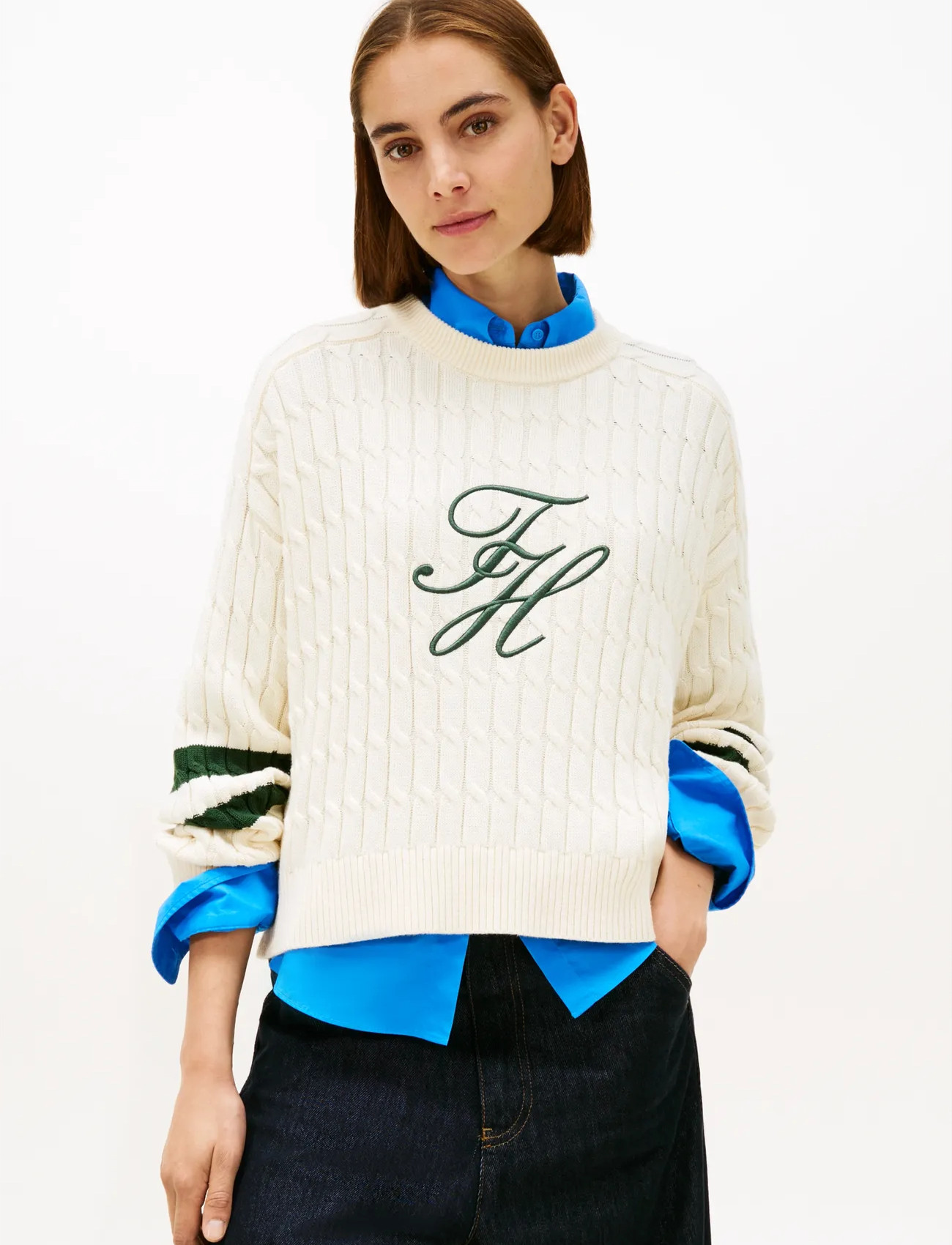 Tommy Hilfiger Textured Graphic C-Nk Ls Swt, M, Cream, Strik > Trøjer, Dame