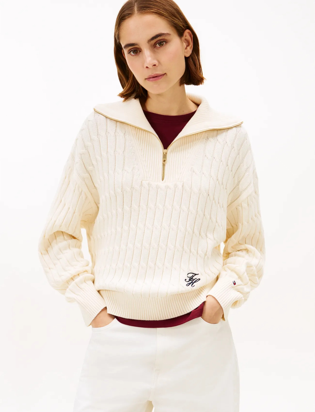 Tommy Hilfiger Co Cable Mid Gg 1/2 Zip Ls Swt, XS, Cream, Strik > Trøjer, Dame