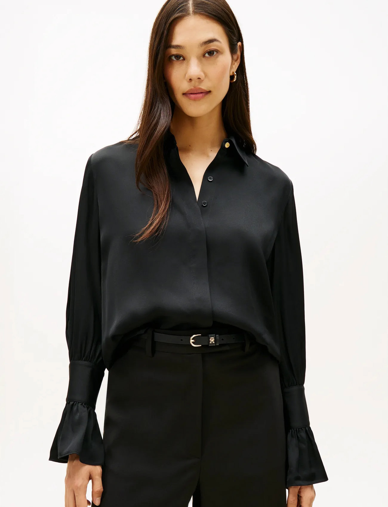 Tommy Hilfiger Sateen Ruffle Cuff Ls Shirt, 38, Black, Skjorter > Langærmede, Dame