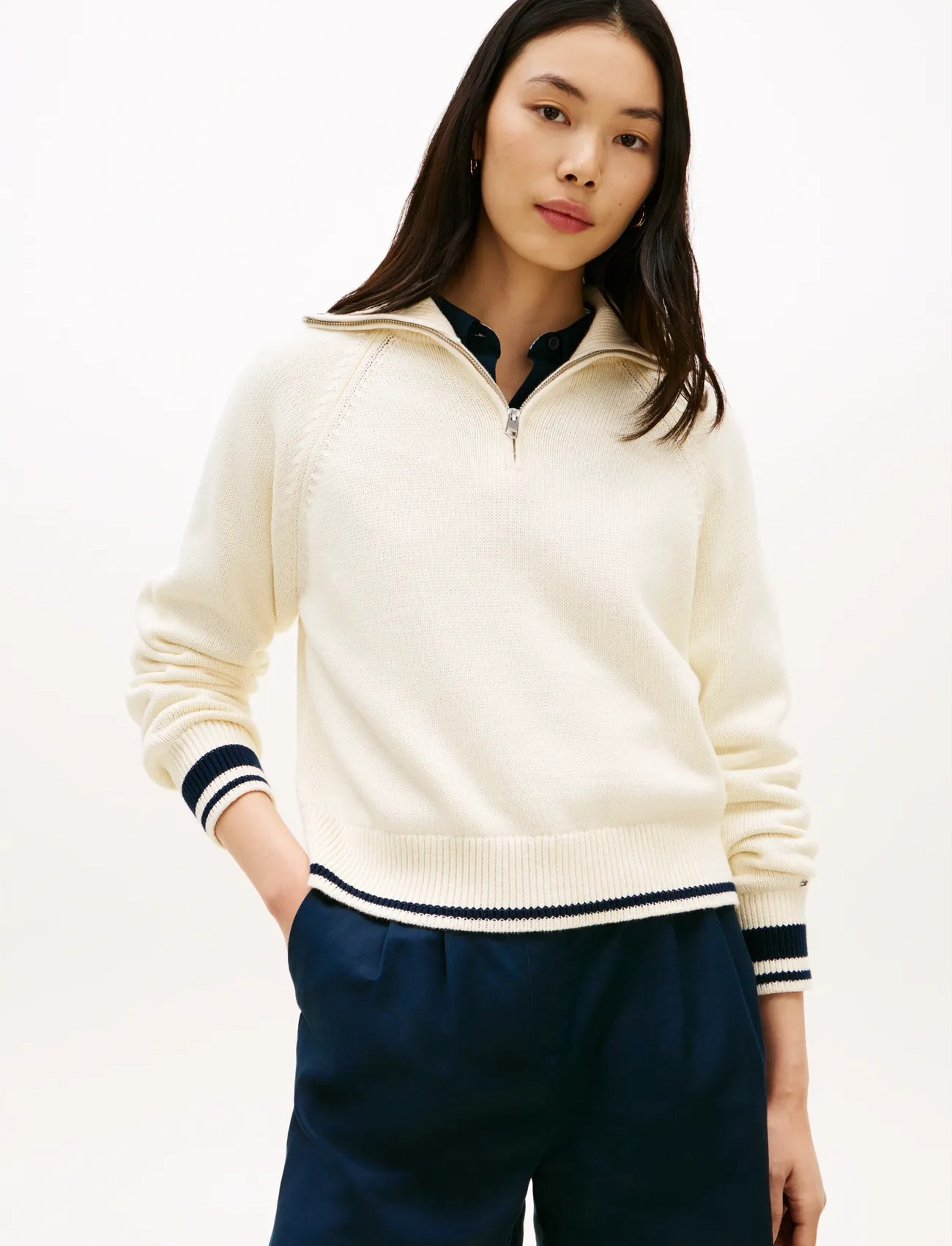 Tommy Hilfiger Varsity Rlxd 1/2 Zip Ls Sweater, M, Cream, Strik > Trøjer, Dame