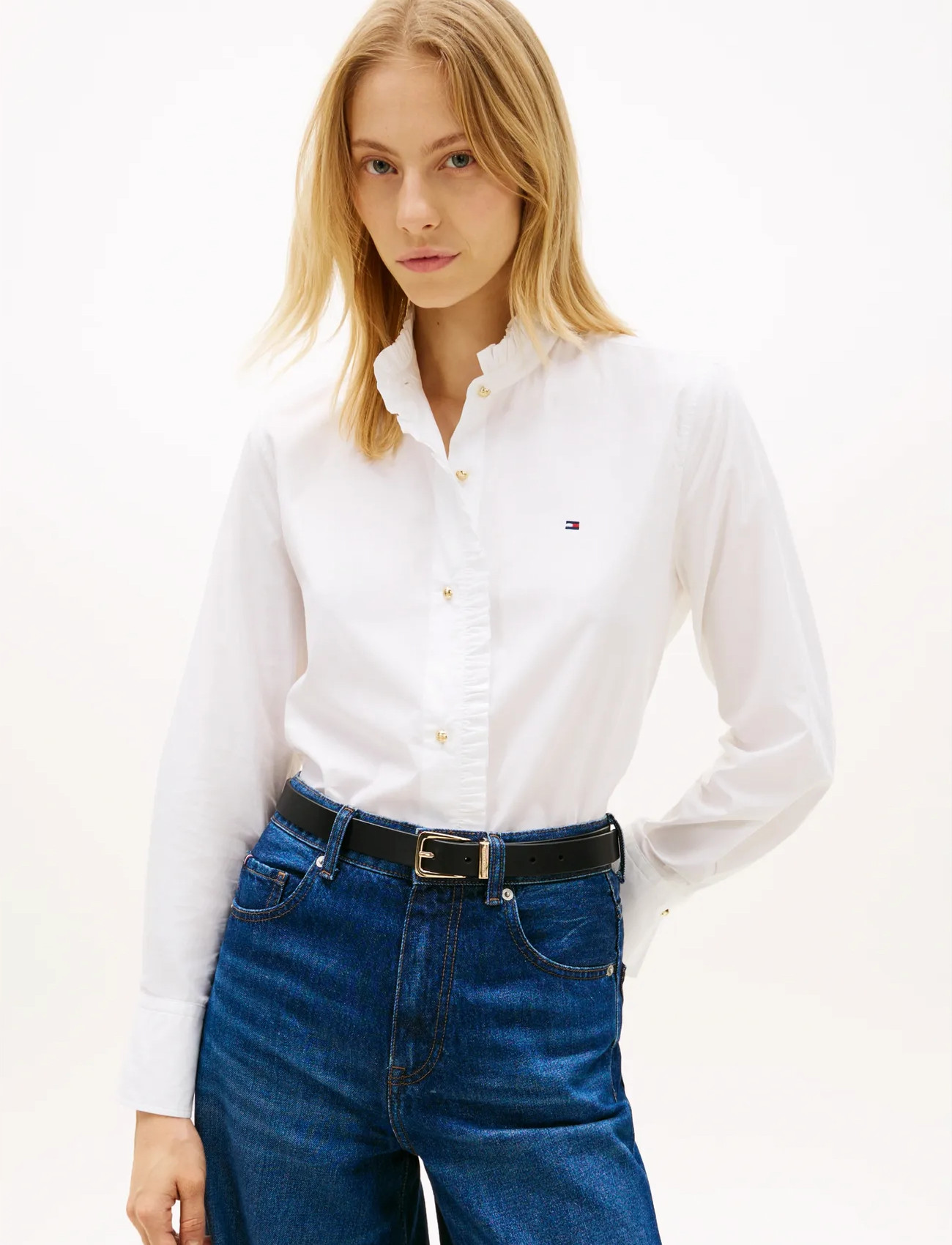 Tommy Hilfiger Poplin Ruffle Collar Ls Shirt, 46, White, Skjorter > Langærmede, Dame