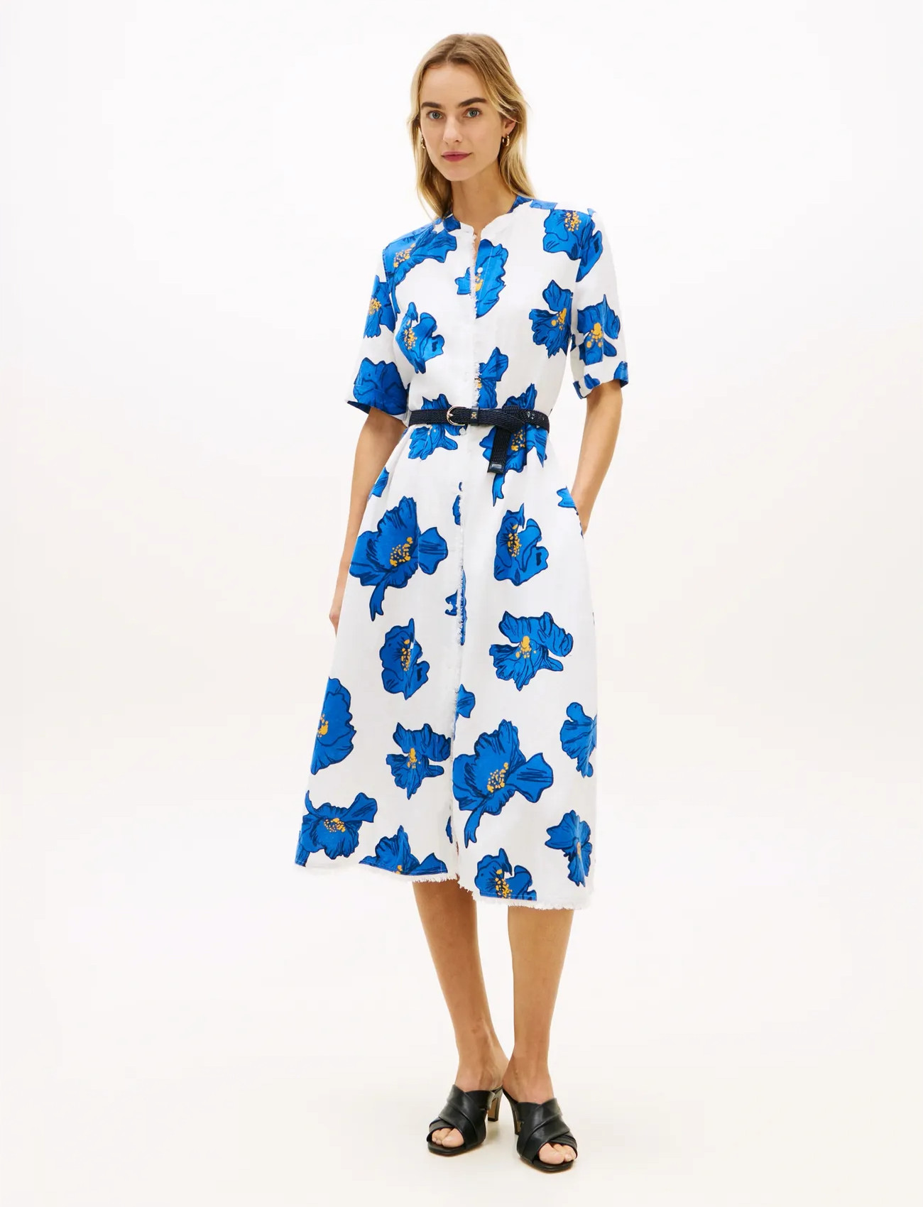 Tommy Hilfiger Frayed Vis/Linen Ss Shirt Dress, L, White, Kjoler > Knælange Og Midi, Dame