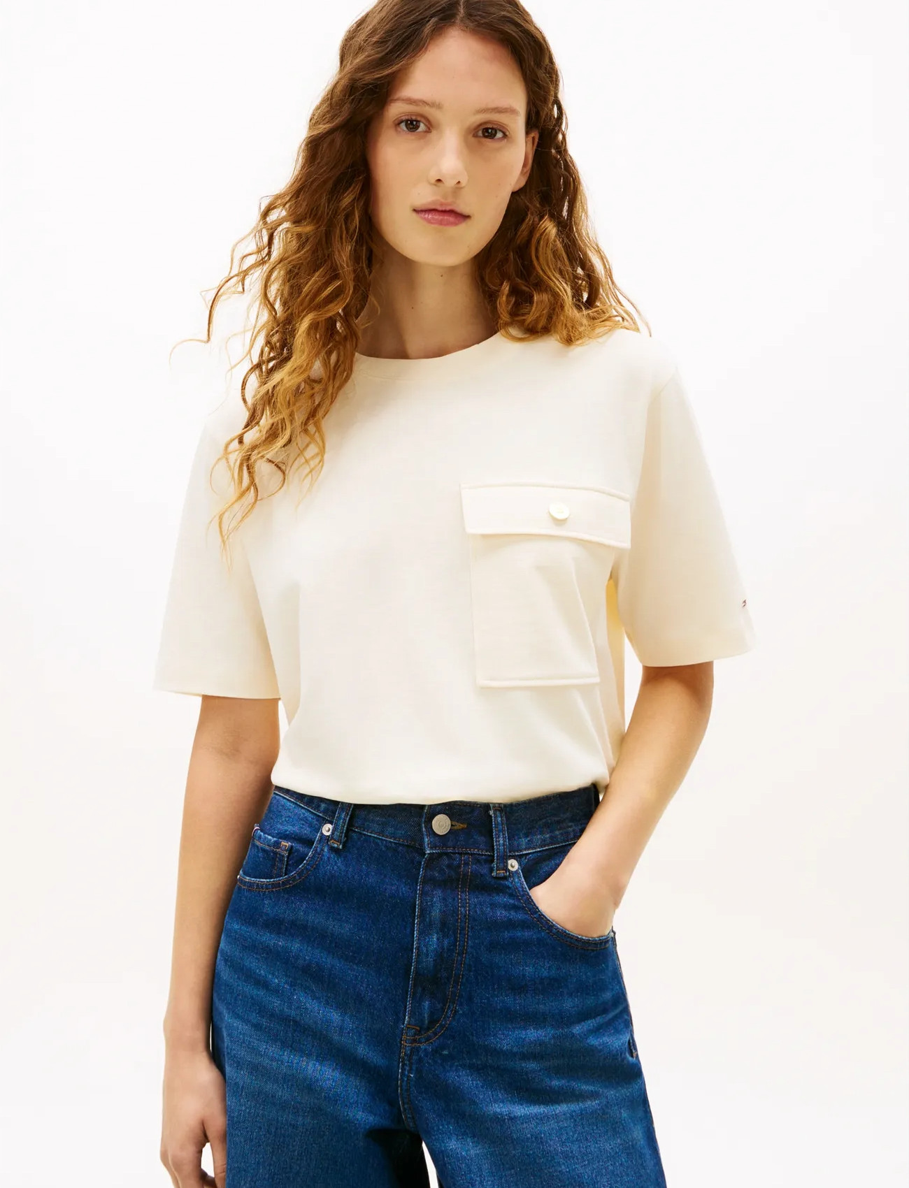 Tommy Hilfiger Gold Button Long Ss Tee, XL, Cream, T-Shirts & Toppe > Kortærmede, Dame