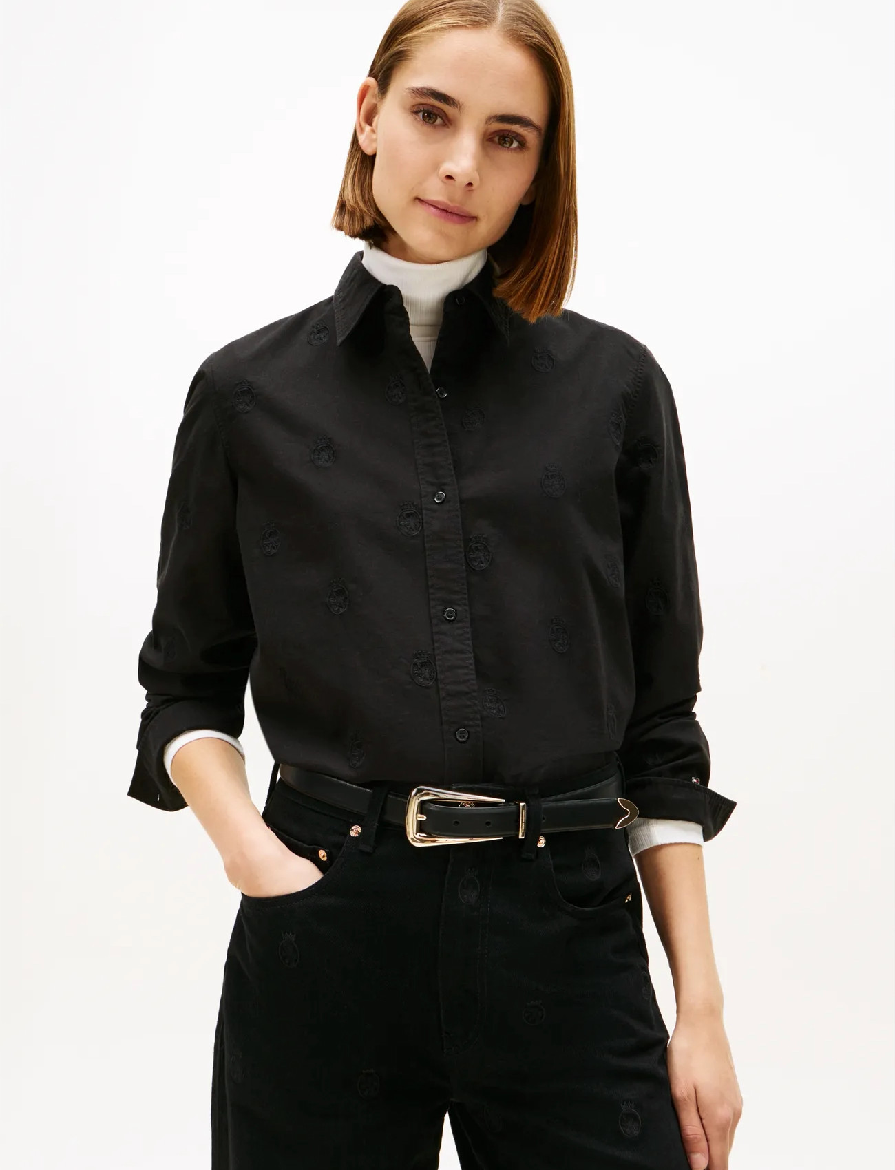 Tommy Hilfiger Oxford Aop Relaxed Shirt, 46, Black, Skjorter > Langærmede, Dame