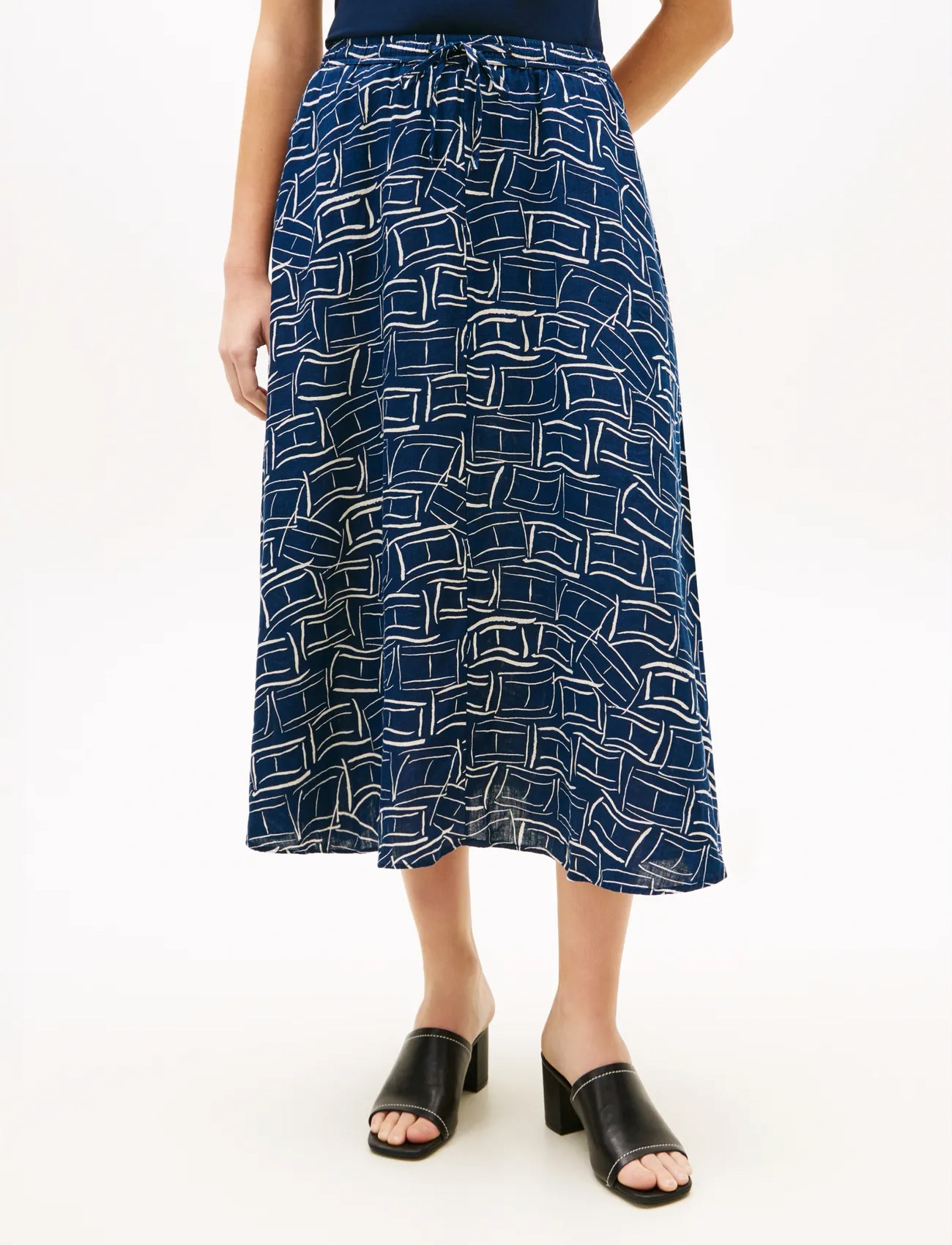 Tommy Hilfiger Ess Linen Flare Midi Skirt, M, Navy, Nederdele > Knælange Og Midi Nederdele, Dame