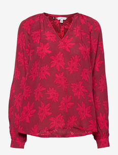 VIS CREPE FLORAL V-NK BLOUSE LS - long sleeved blouses - mid scale bloom / pink splendor