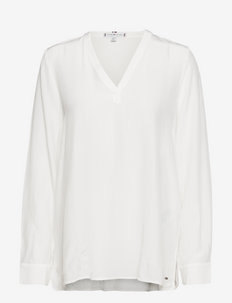 VISCOSE SOLID V-NECK BLOUSE LS - long sleeved blouses - ecru