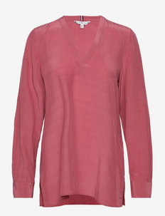 VISCOSE SOLID V-NECK BLOUSE LS - long sleeved blouses - english pink