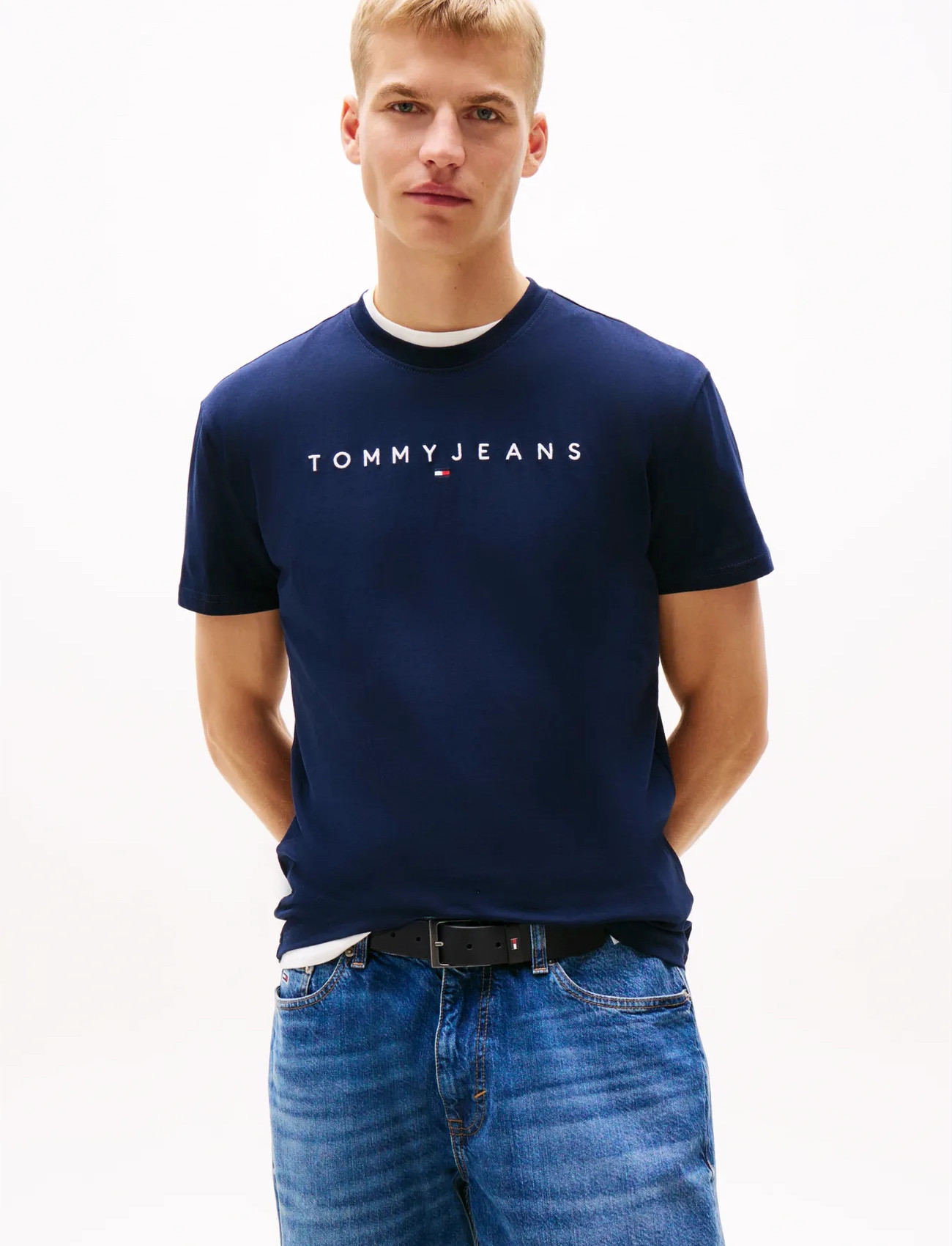 Tommy Jeans Tjm Reg Linear Logo Tee Ext, L, Navy, T-shirts - Short-sleeved, Herre