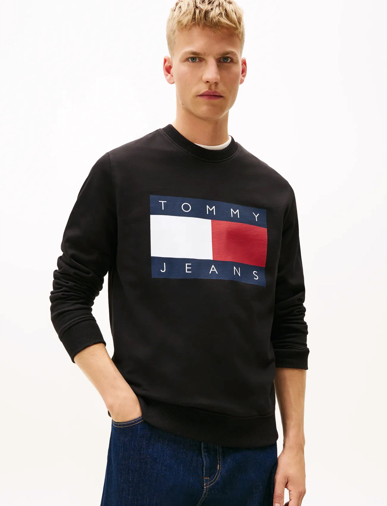 Tommy Jeans Tjm Reg Big Flag Cneck Ext, S, Black, Sweatshirts & Hættetrøjer > Sweatshirts, Herre
