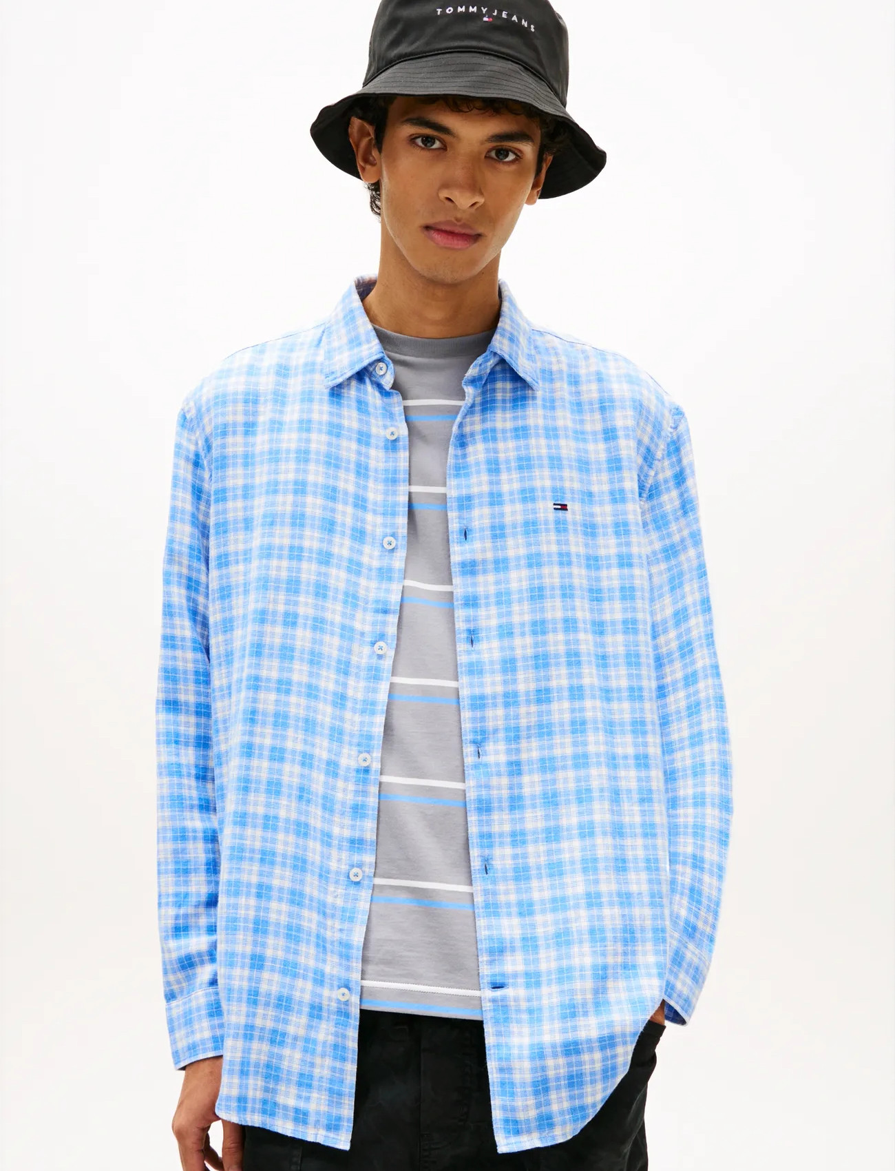 Tommy Jeans Tjm Rlx Linen Blend Check Shirt, M, Blue, Skjorter > Afslappet Shirts, Herre