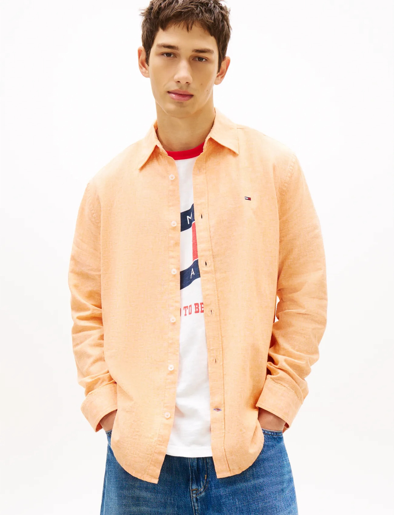Tommy Jeans Tjm Reg Linen Blend Shirt Ext, S, Orange, Skjorter > Skjorter I Hør, Herre